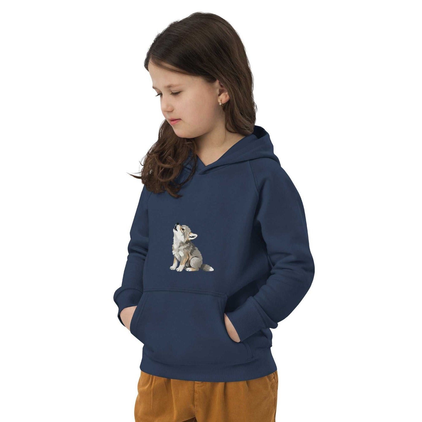 Navy blue kids eco hoodie with baby wolf design, worn by girl. Made of organic cotton for warmth, comfort, and sustainability.