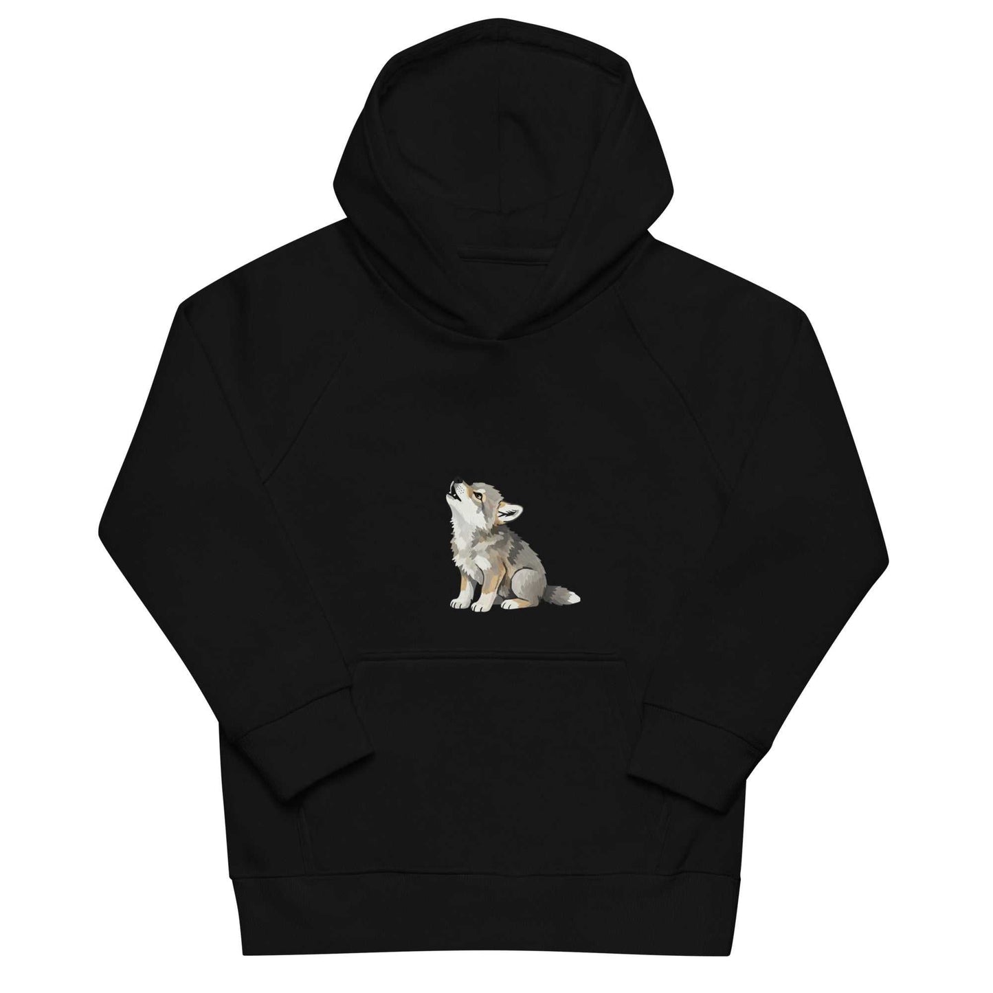 Flat lay of black kids eco hoodie with baby wolf design. Soft organic cotton hoodie for sustainable and stylish children's apparel.
