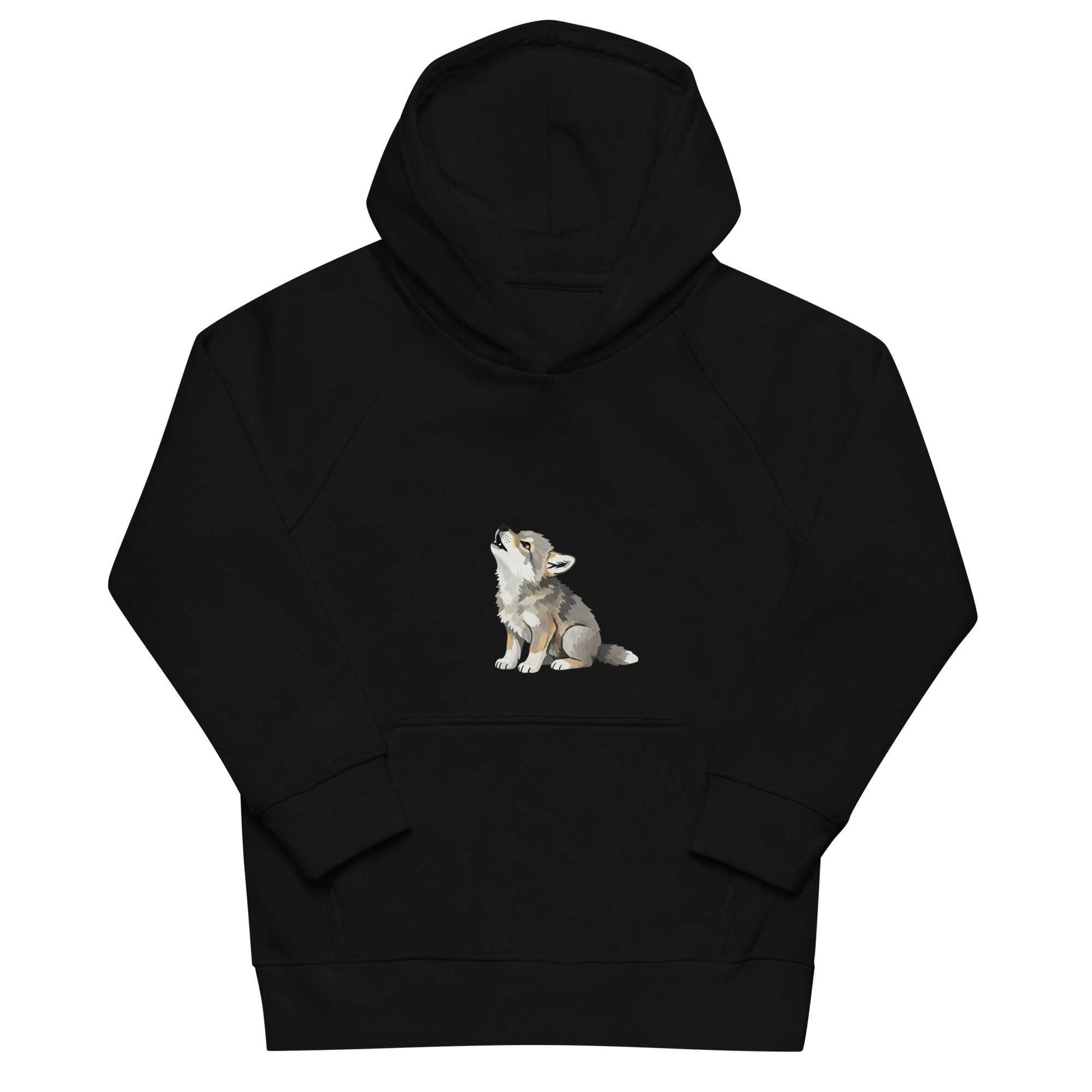Flat lay of black kids eco hoodie with baby wolf design. Soft organic cotton hoodie for sustainable and stylish children's apparel.