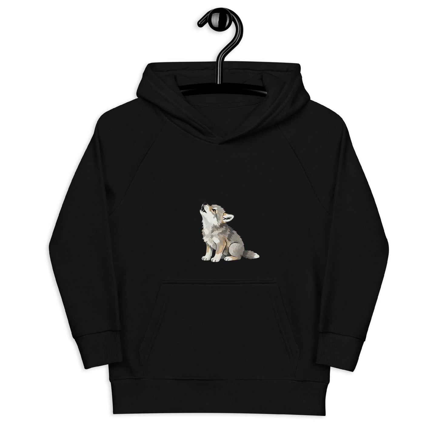 Black kids eco hoodie with baby wolf design on hanger, made from organic cotton. Sustainable and stylish activewear for kids.