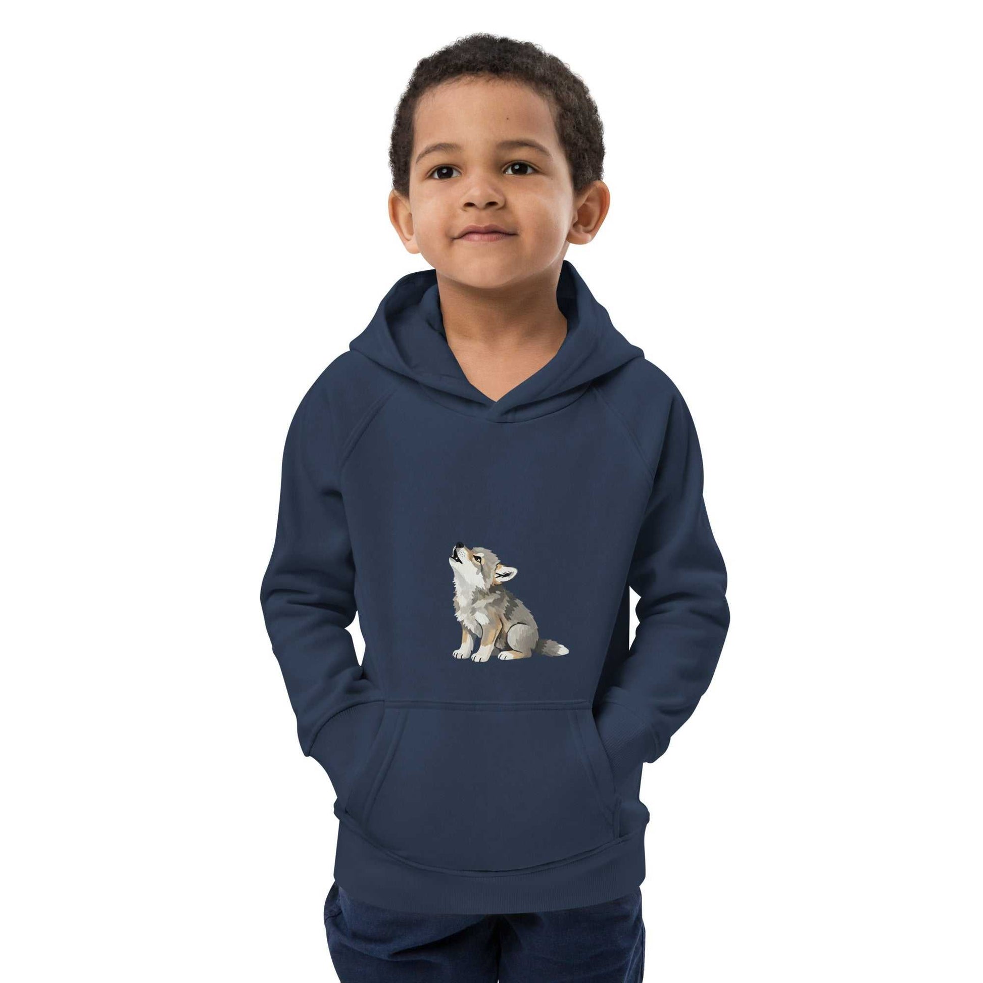 Navy blue kids eco hoodie with baby wolf illustration, modeled by a boy. Organic cotton hoodie for warm and eco-conscious kids' wear.