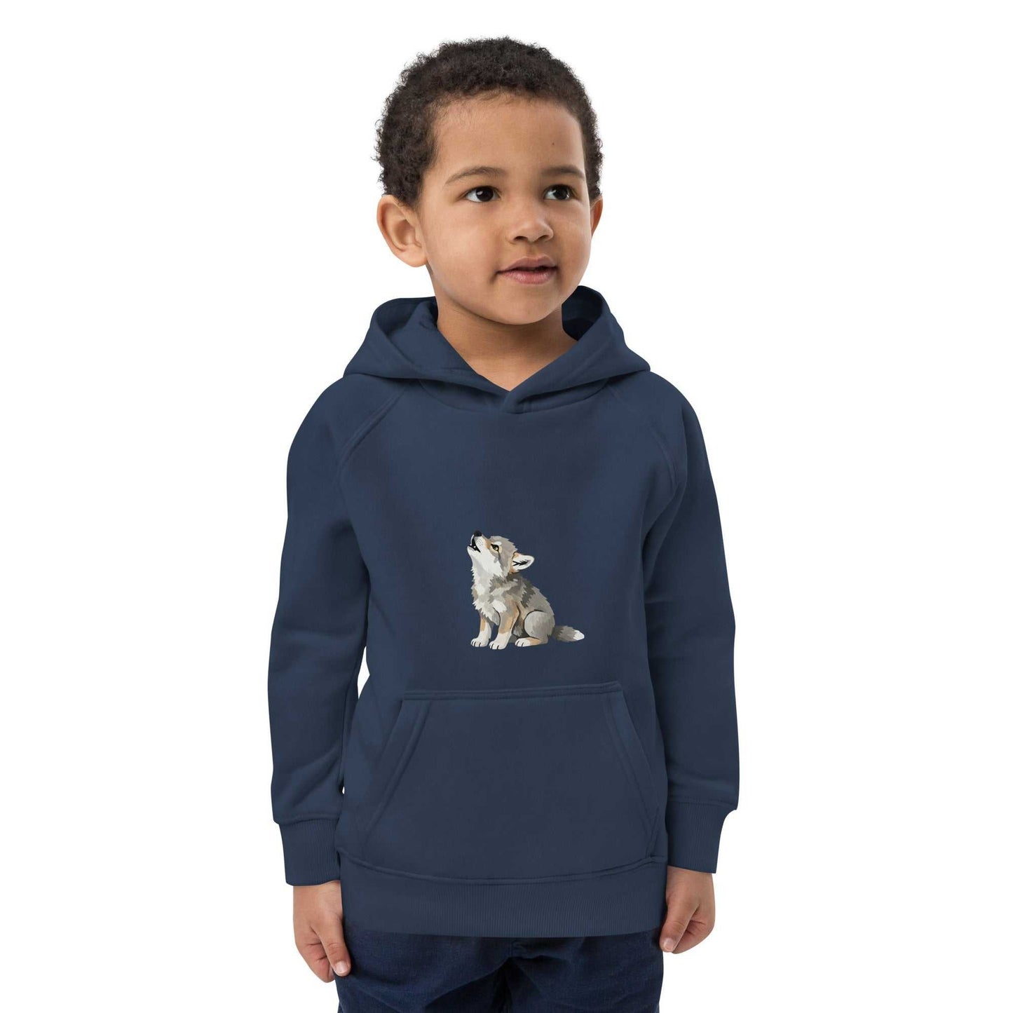 Navy blue kids eco hoodie with baby wolf design, modeled by a boy. Sustainable and warm hoodie made from organic cotton.