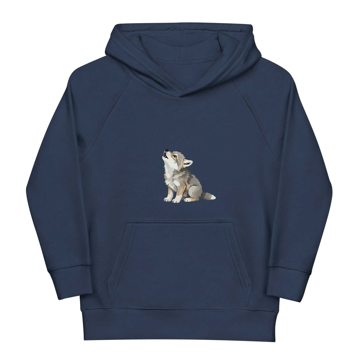 Navy blue kids eco hoodie with baby wolf print, crafted from organic cotton. Combines comfort and eco-conscious style for kids.