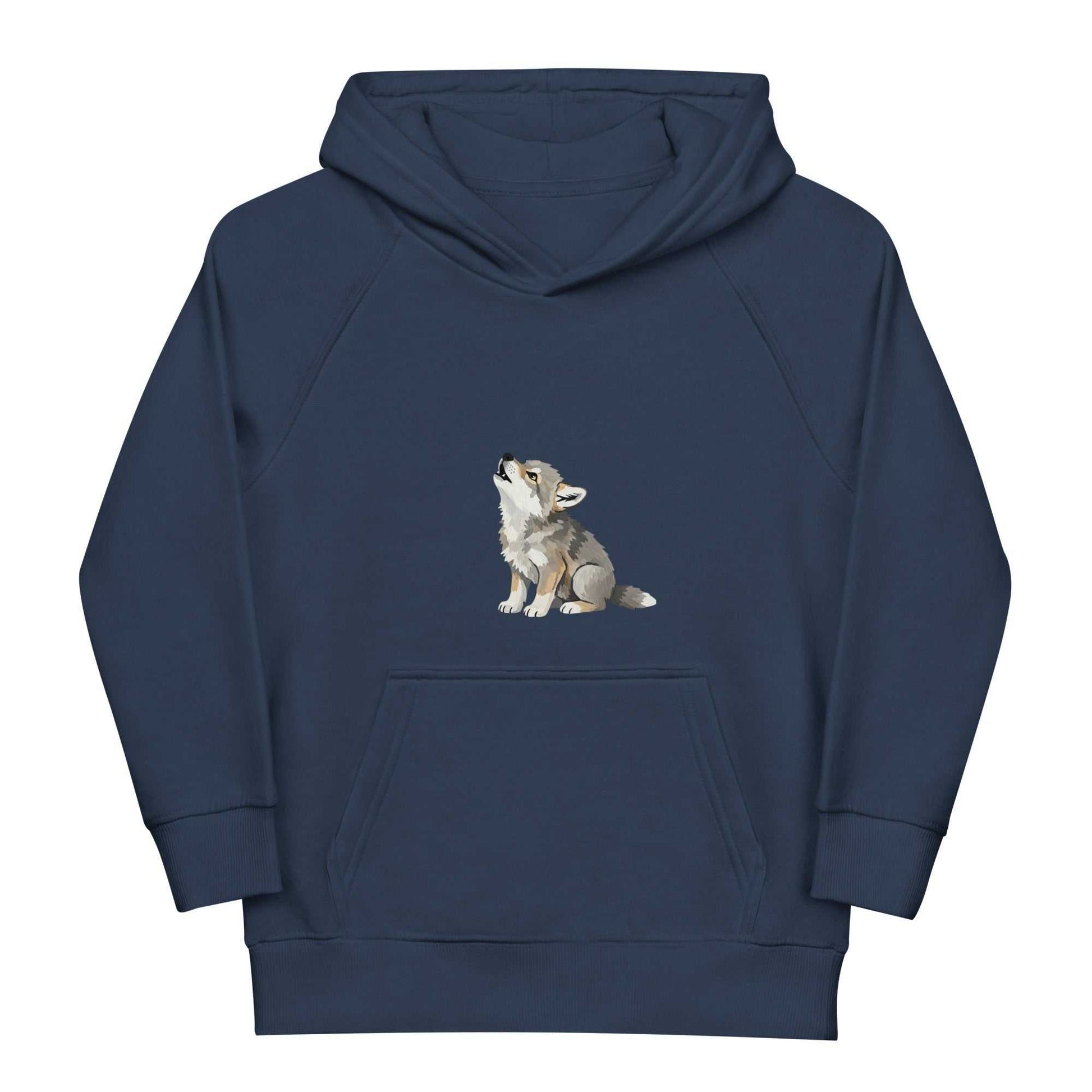 Navy blue kids eco hoodie with baby wolf print, crafted from organic cotton. Combines comfort and eco-conscious style for kids.