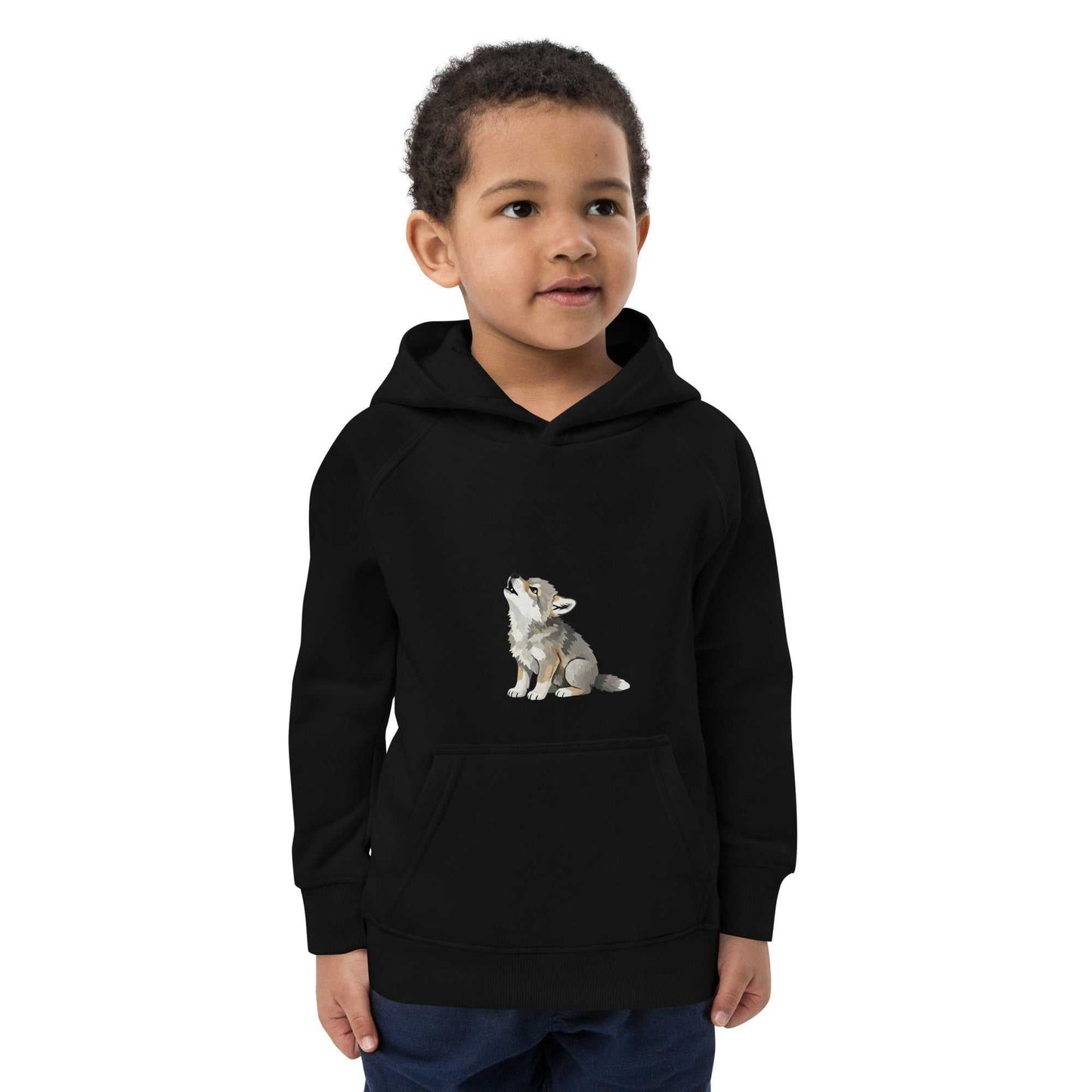 Black kids eco hoodie with baby wolf design, modeled by a boy. Organic cotton hoodie for warm, sustainable children's activewear.