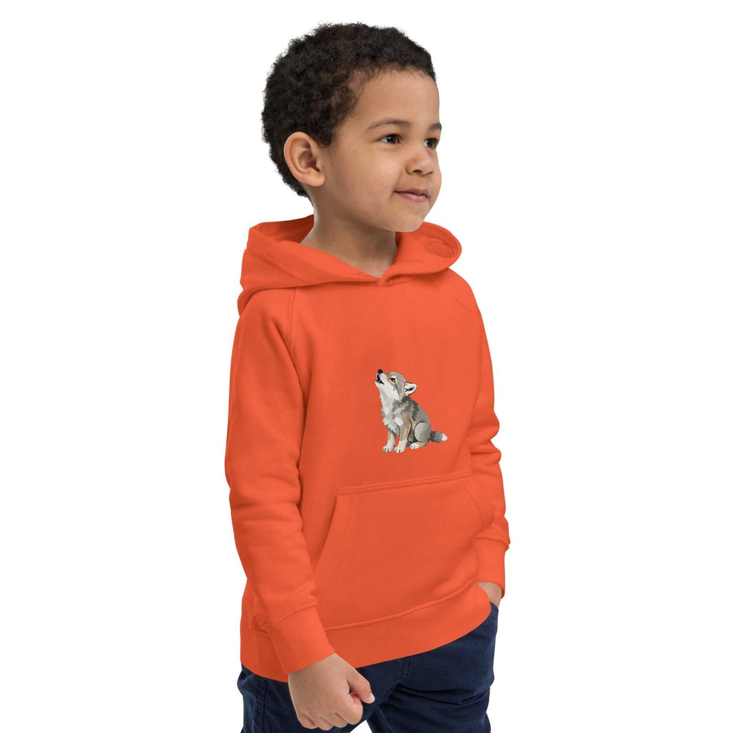 Kids eco hoodie in orange with baby wolf design, made from organic cotton for warmth and comfort. Ideal for eco-conscious children's fashion.