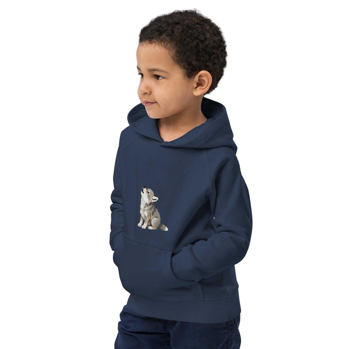 Boy in navy blue kids eco hoodie with baby wolf design. Soft and sustainable hoodie crafted from organic cotton for children.