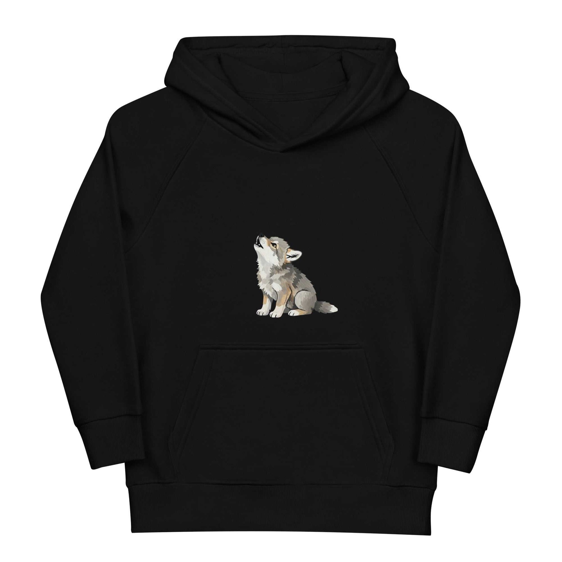 Black kids eco hoodie with baby wolf design, made from organic cotton. A sustainable and cozy option in children's activewear.