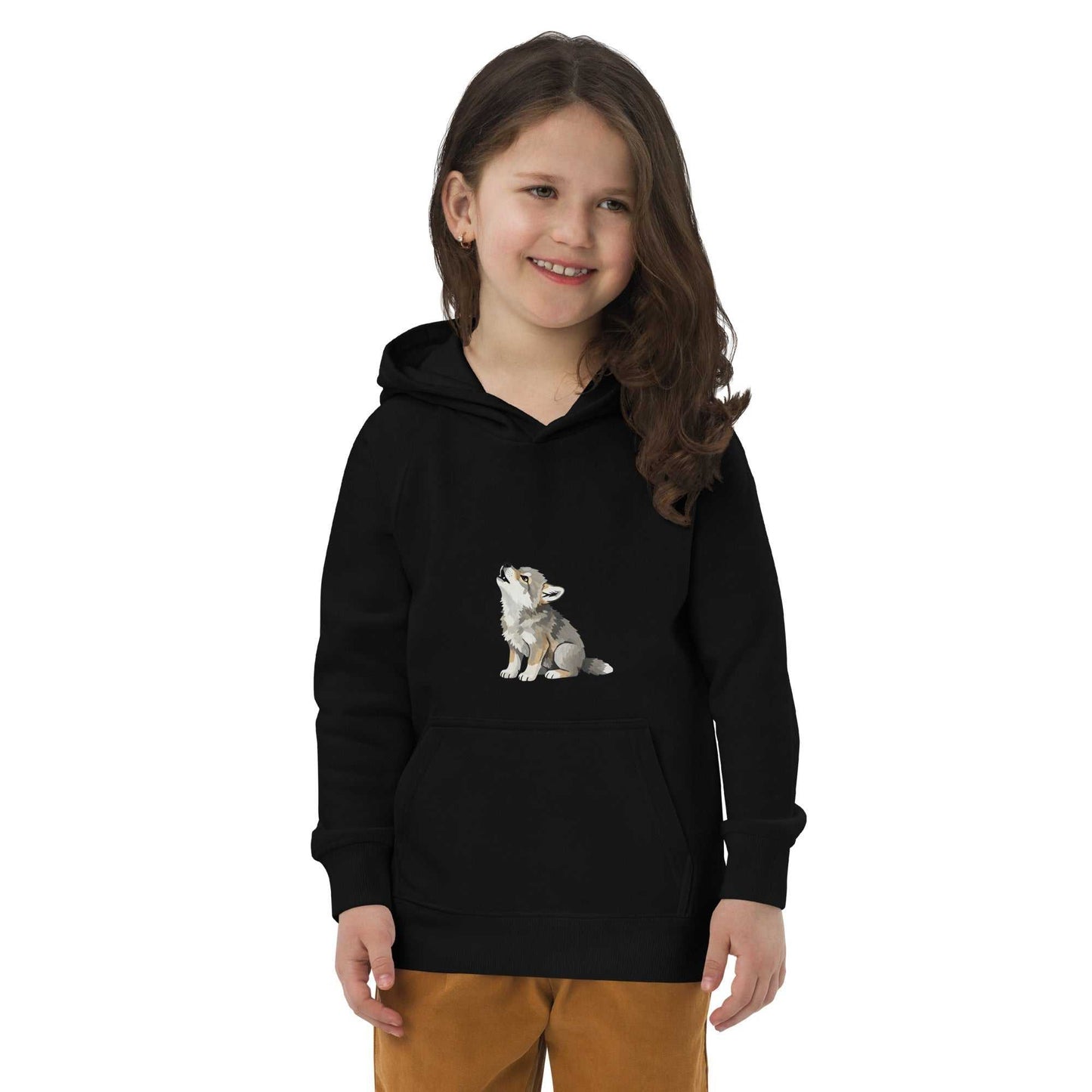 Black kids eco hoodie with baby wolf design worn by girl, made from organic cotton. A soft and warm choice for eco-friendly kids' apparel.