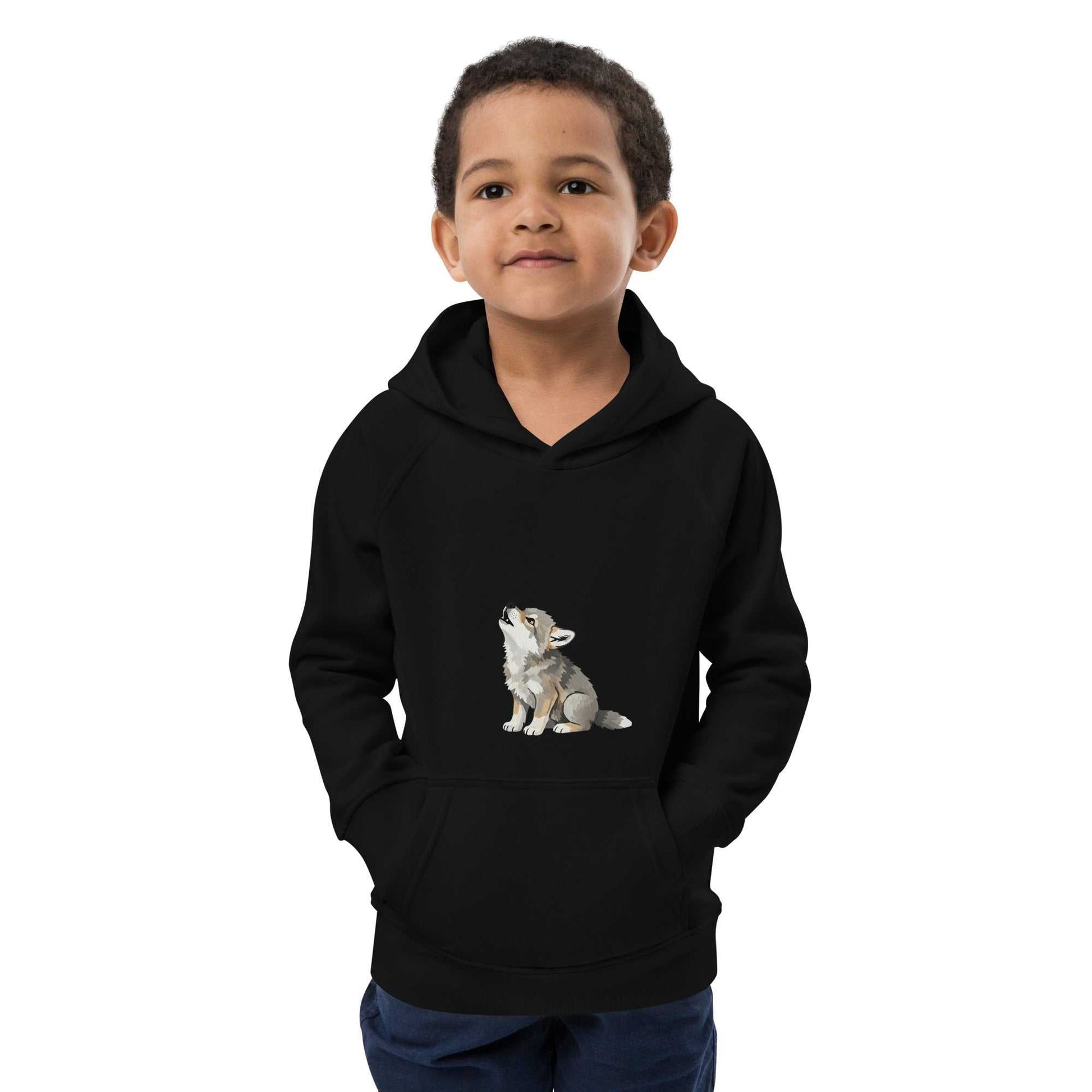 Kids eco hoodie in black with baby wolf design, made from organic cotton for warmth and comfort. Ideal for eco-conscious children's activewear.