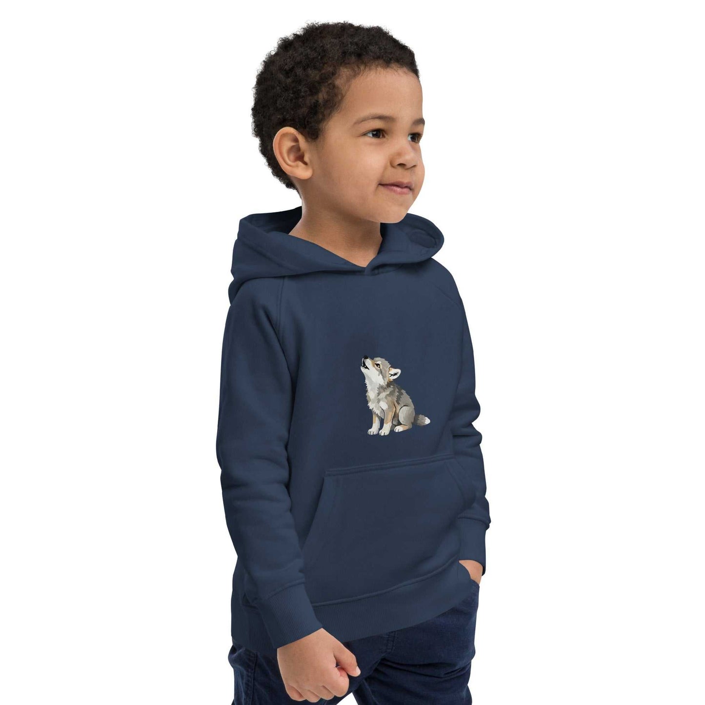 Side view of navy blue kids eco hoodie with baby wolf print, worn by a boy. Cozy organic cotton hoodie for eco-friendly kids' fashion.