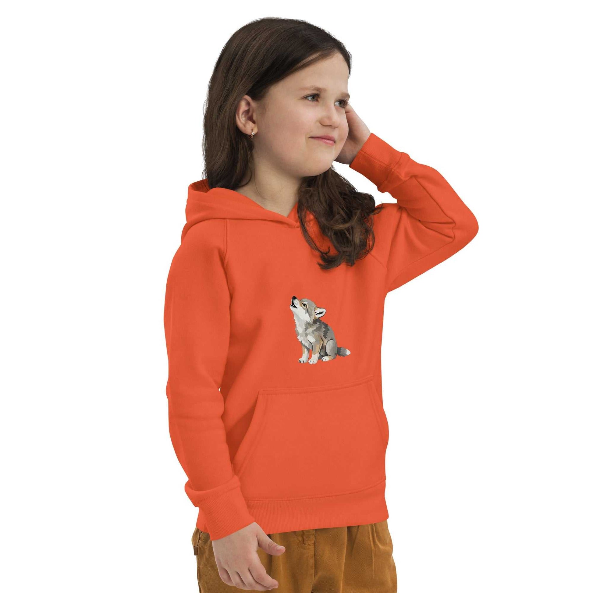 Orange kids eco hoodie with baby wolf print, modeled by child. Sustainable and cozy activewear for everyday use.