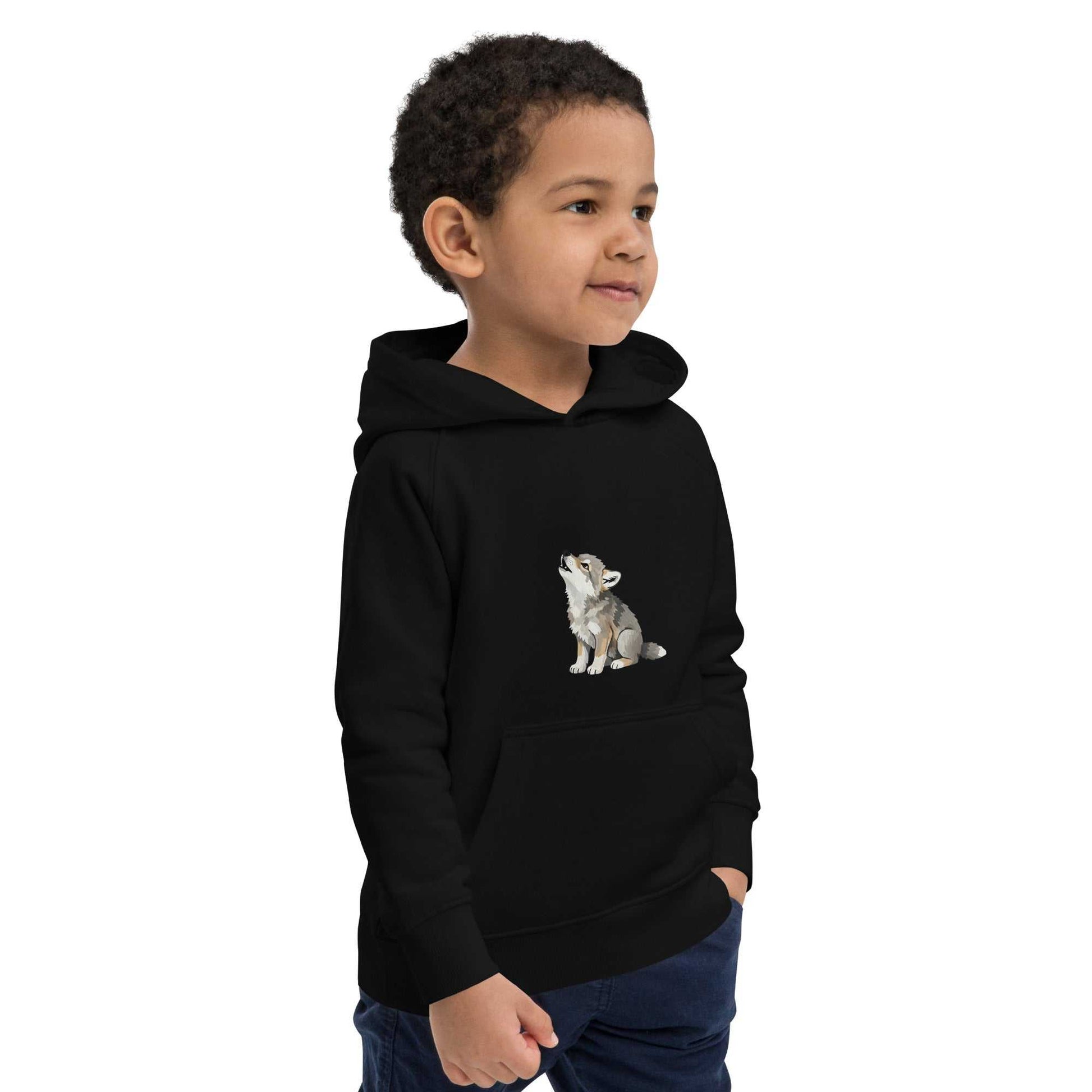 Side view of black kids eco hoodie with baby wolf print, worn by a boy. Soft and eco-friendly hoodie for kids' everyday wear.