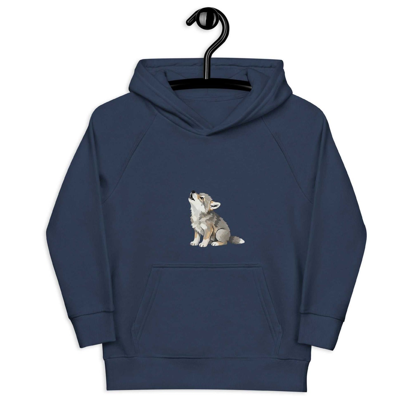 Navy kids eco hoodie with baby wolf print on hanger, crafted from organic cotton. Ideal for eco-conscious children's fashion collections.