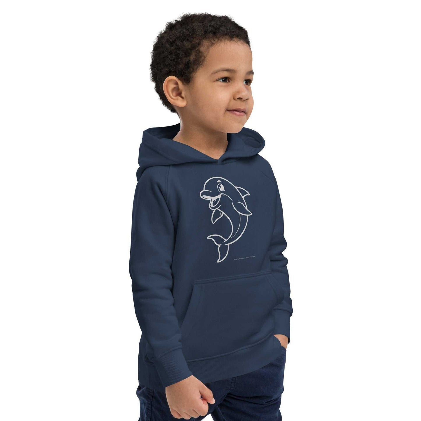 Side view of navy Kids Eco Hoodie Dolphin with dolphin graphic. Eco-friendly hoodie for kids who love comfort and nature.