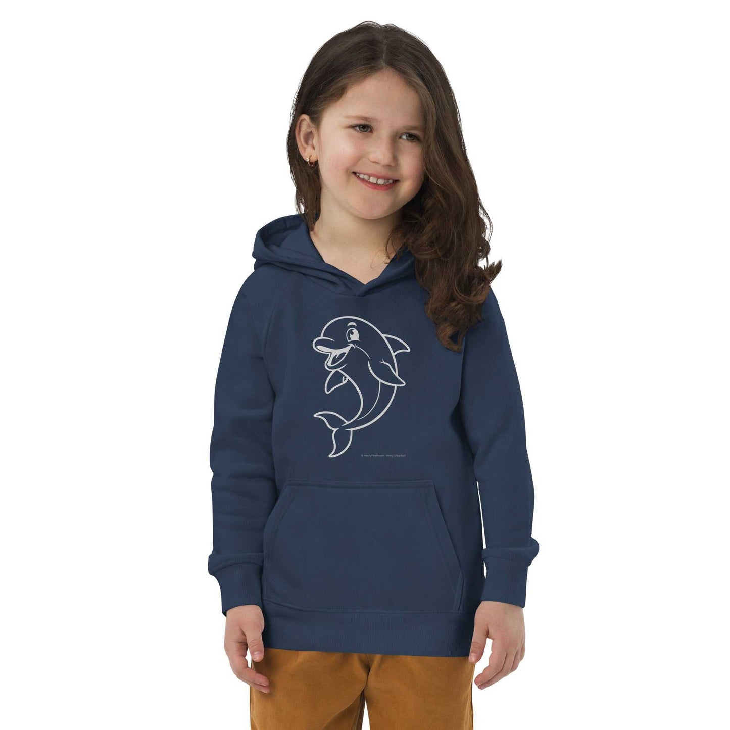 Smiling child in navy Kids Eco Hoodie Dolphin with dolphin print. Eco-friendly hoodie perfect for outdoor adventures.