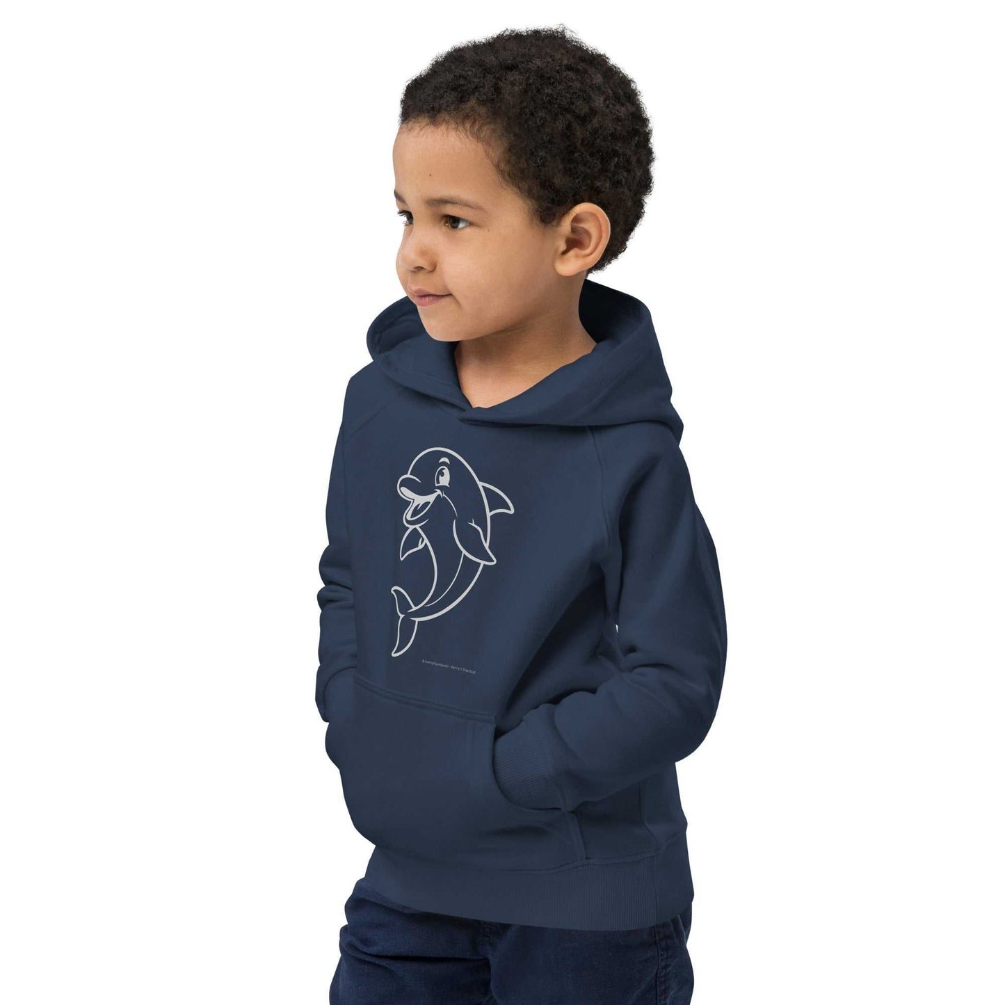 Eco-conscious navy Kids Hoodie with dolphin print, designed for movement and fun. Great for young explorers and everyday wear.