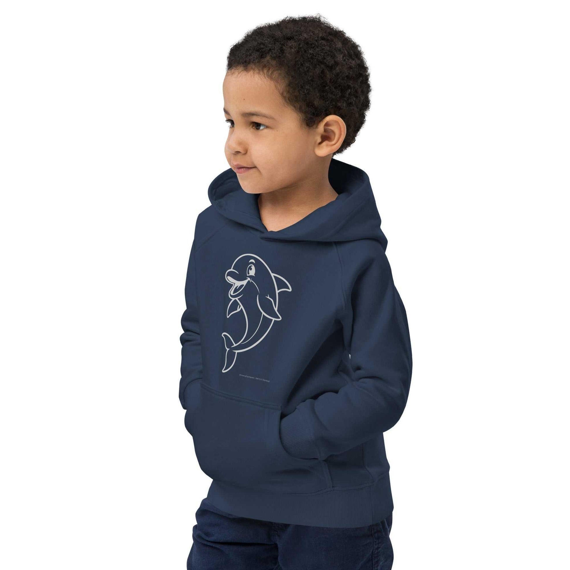 Eco-conscious navy Kids Hoodie with dolphin print, designed for movement and fun. Great for young explorers and everyday wear.