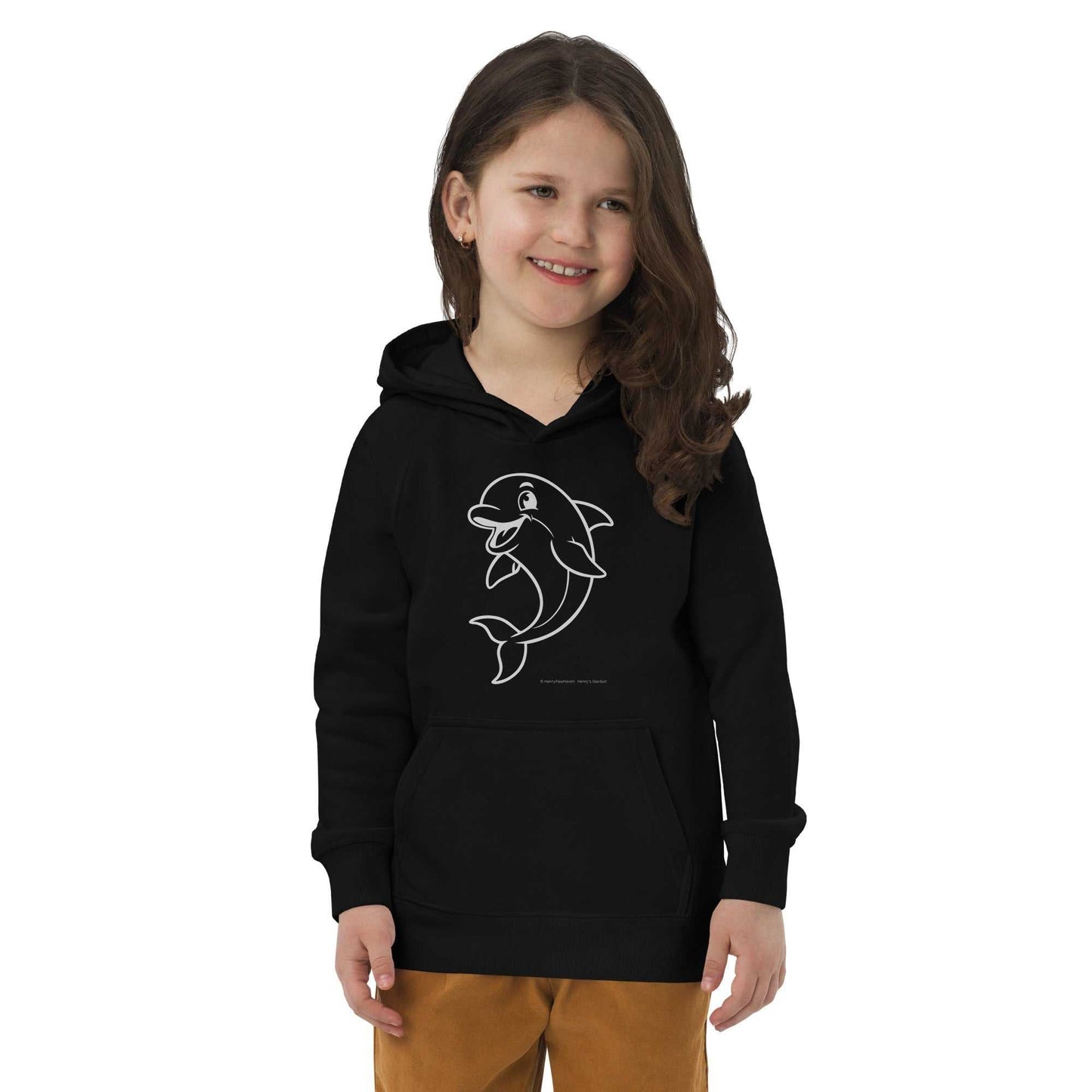 Kids Eco Hoodie Dolphin in black with dolphin graphic, made from organic materials, modeled by smiling child. Ideal for young explorers.
