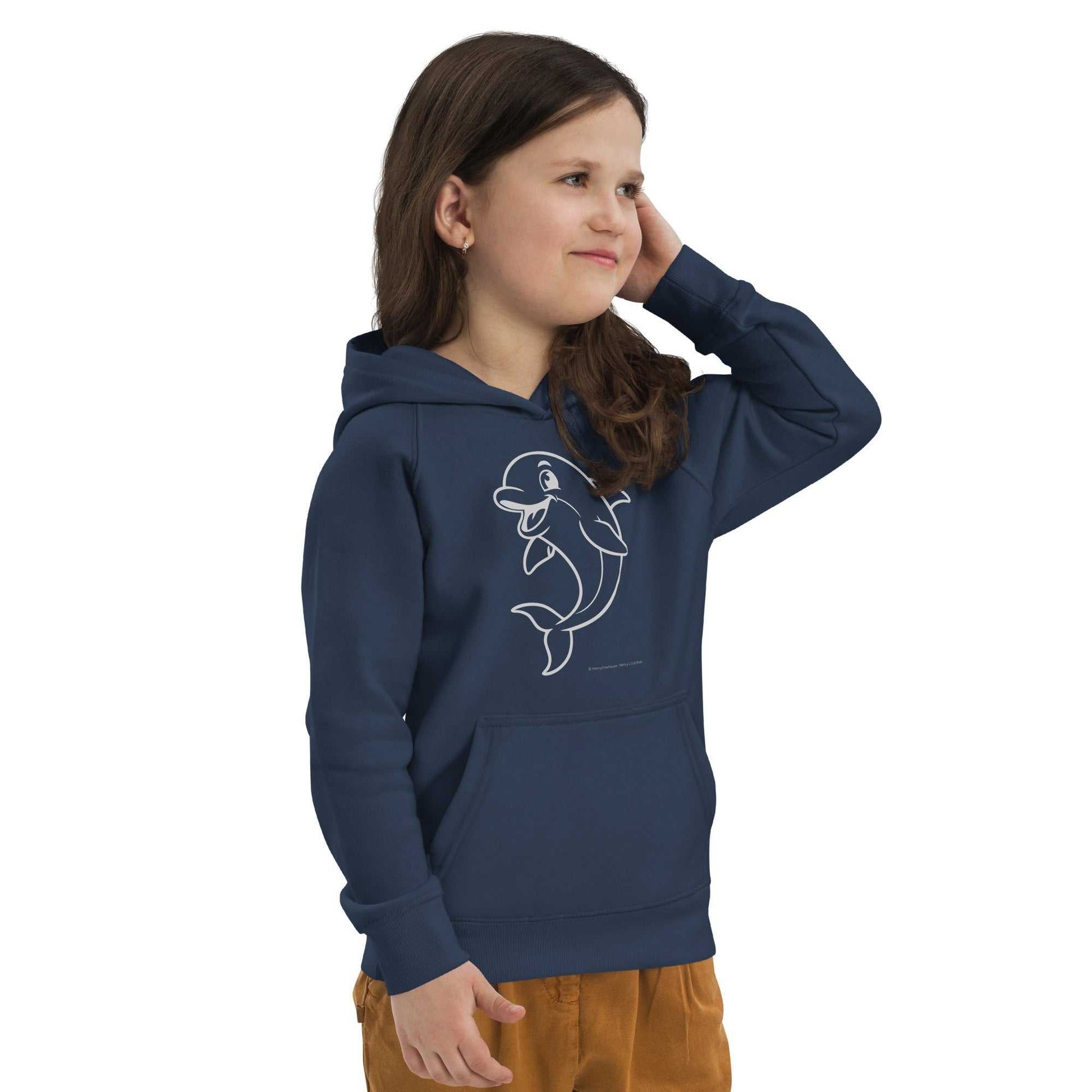 Child posing in navy Kids Eco Hoodie Dolphin made from organic materials. Dolphin graphic design ideal for young explorers.