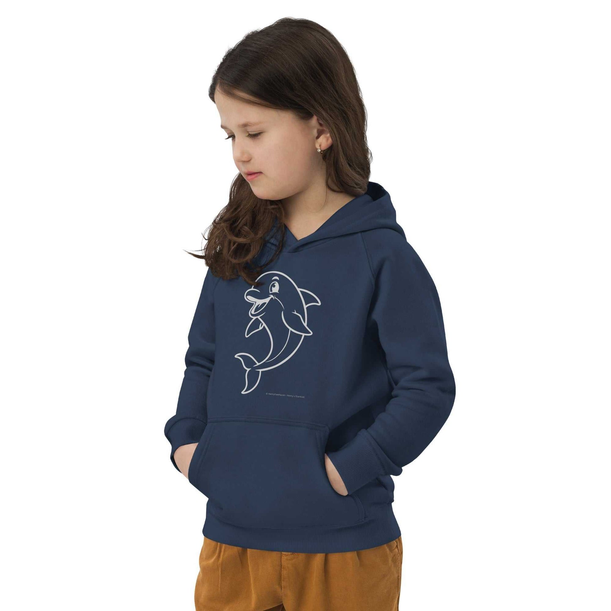 Child in navy Kids Eco Hoodie Dolphin with dolphin illustration. Sustainable hoodie crafted for comfort and movement.