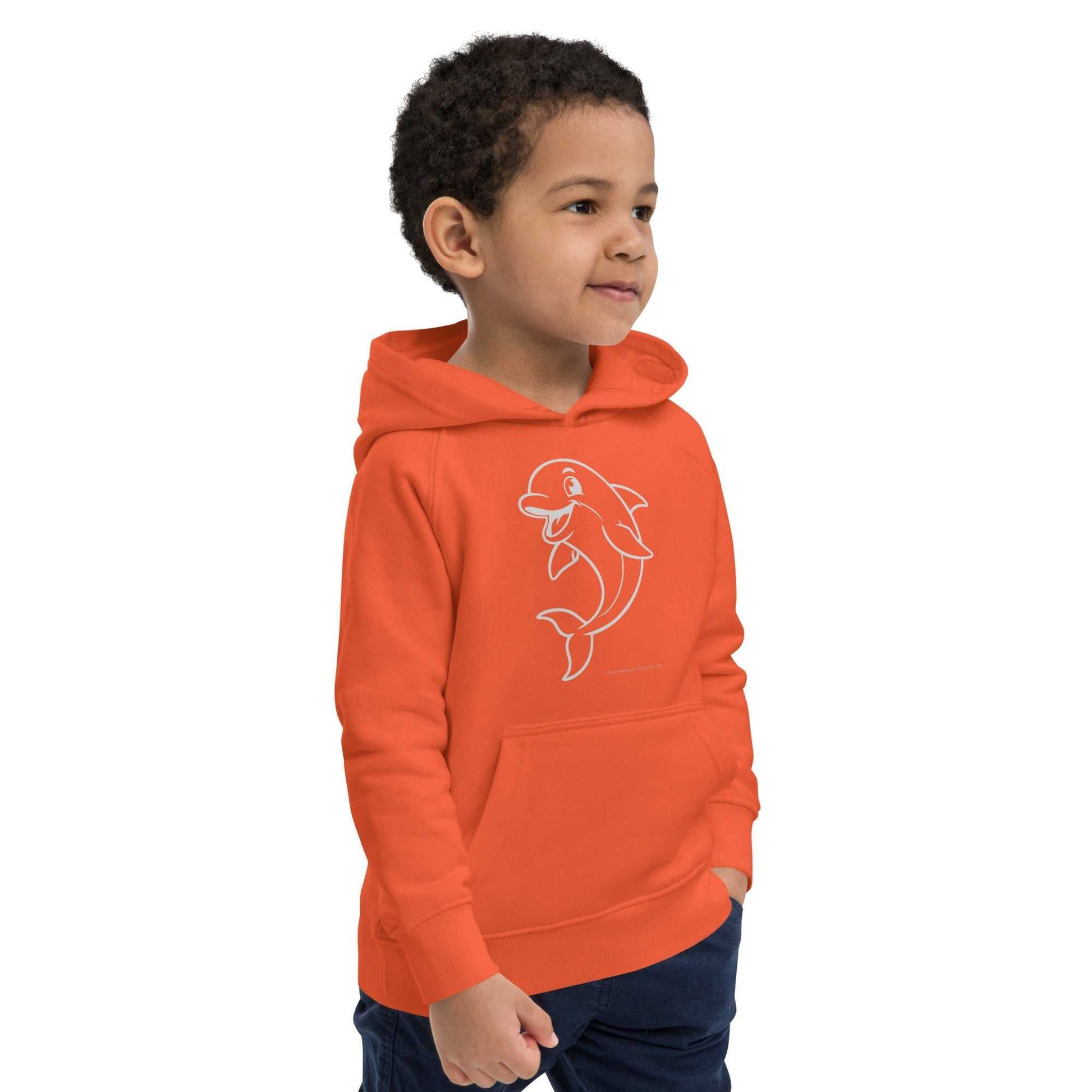 Side view of orange Kids Eco Hoodie Dolphin, crafted from organic cotton and recycled polyester. Stylish and eco-friendly for kids.