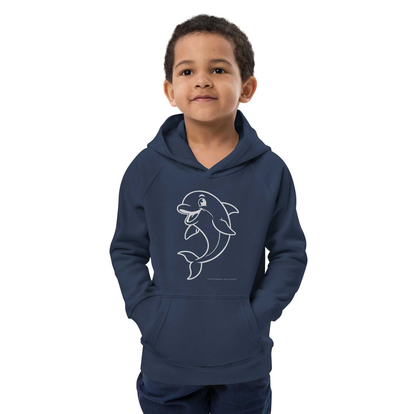Front-facing navy Kids Eco Hoodie Dolphin made with organic materials. Perfect for eco-minded families and playful kids.