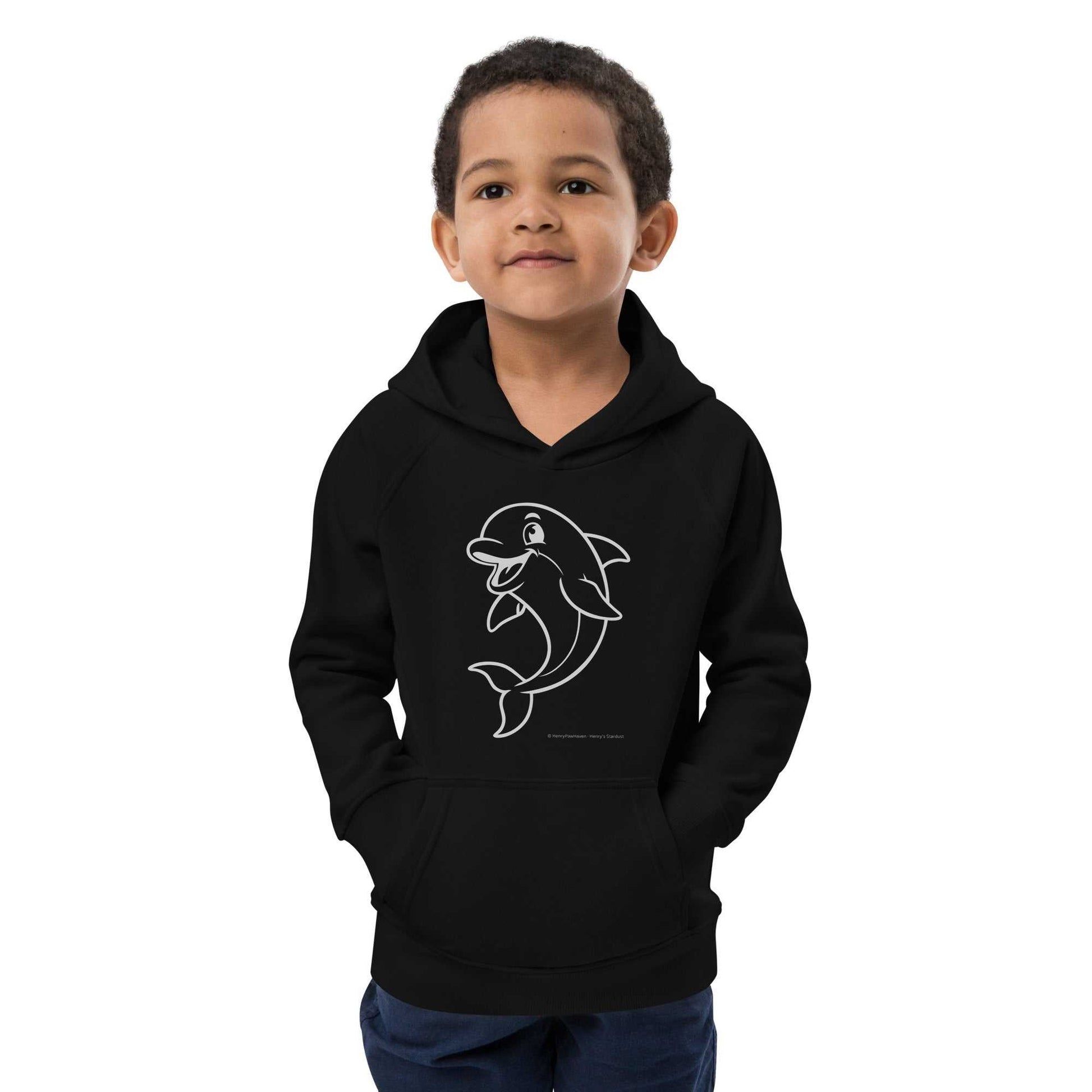 Kids Eco Hoodie Dolphin in black with playful dolphin print, made from organic cotton and recycled polyester. Ideal for young explorers' adventures.