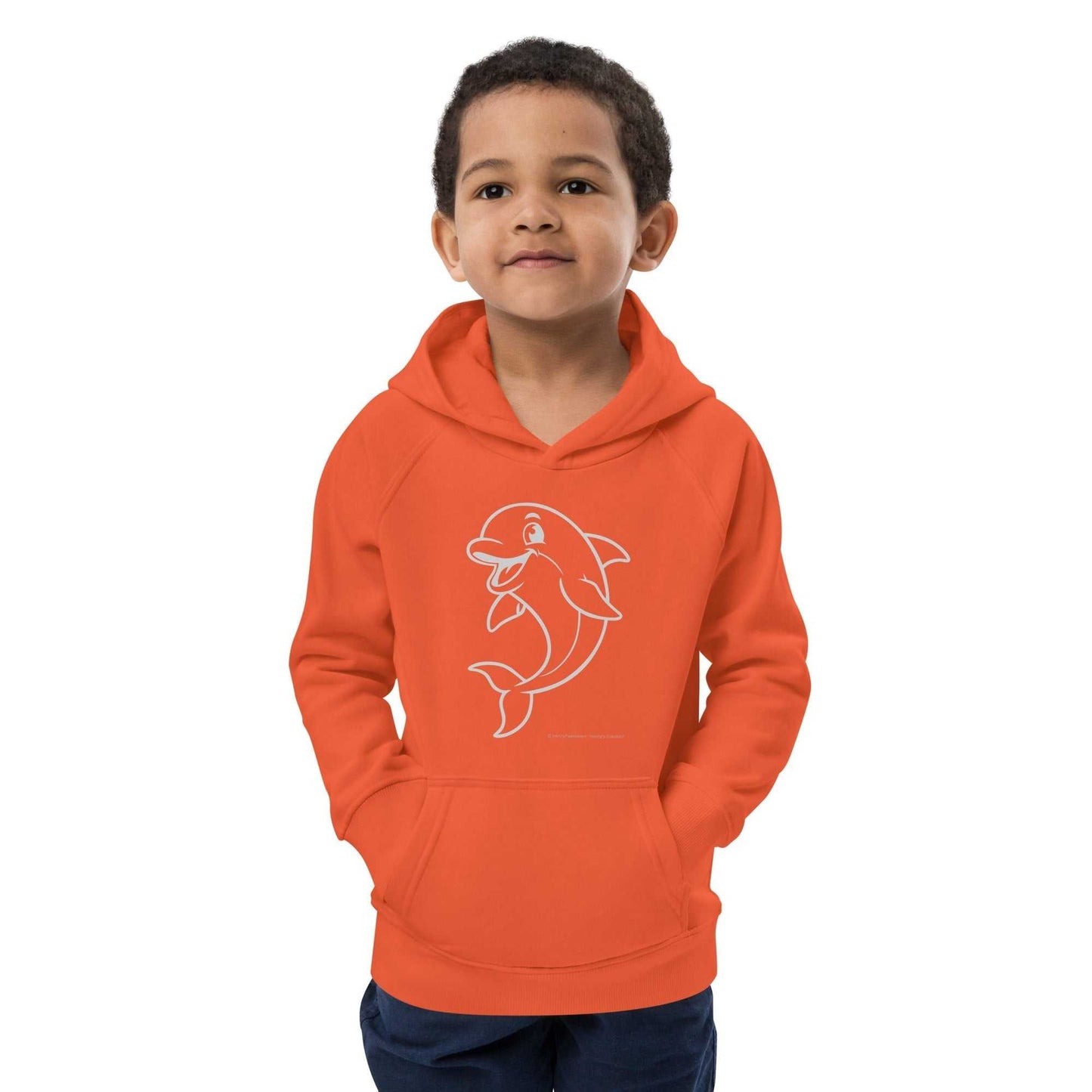 Front view of orange Kids Eco Hoodie Dolphin, ideal for kids who love animals and eco-friendly fashion. Soft and durable material.