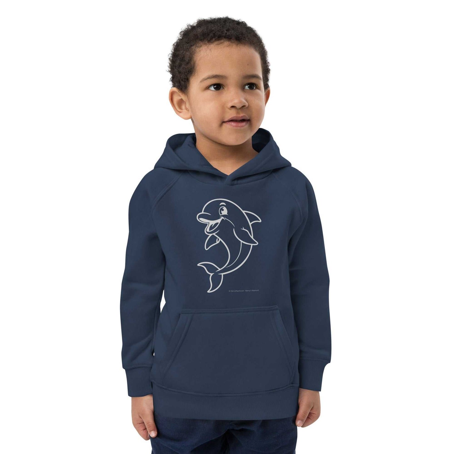 Navy Kids Eco Hoodie Dolphin featuring a cheerful dolphin design. Sustainable apparel perfect for active kids and outdoor play.