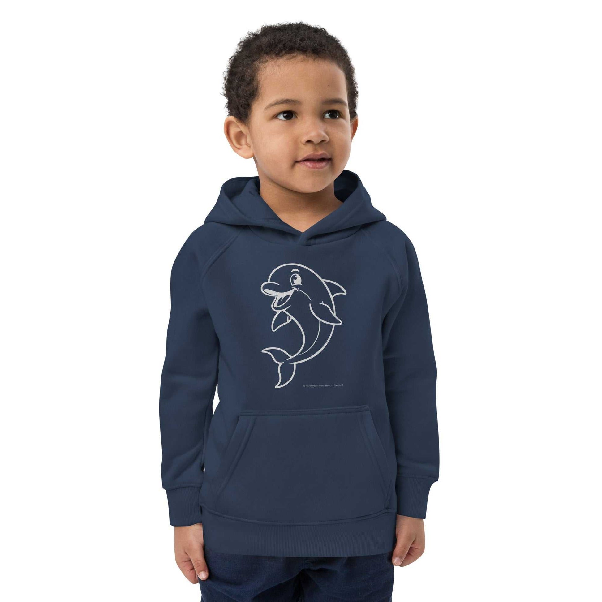 Navy Kids Eco Hoodie Dolphin featuring a cheerful dolphin design. Sustainable apparel perfect for active kids and outdoor play.