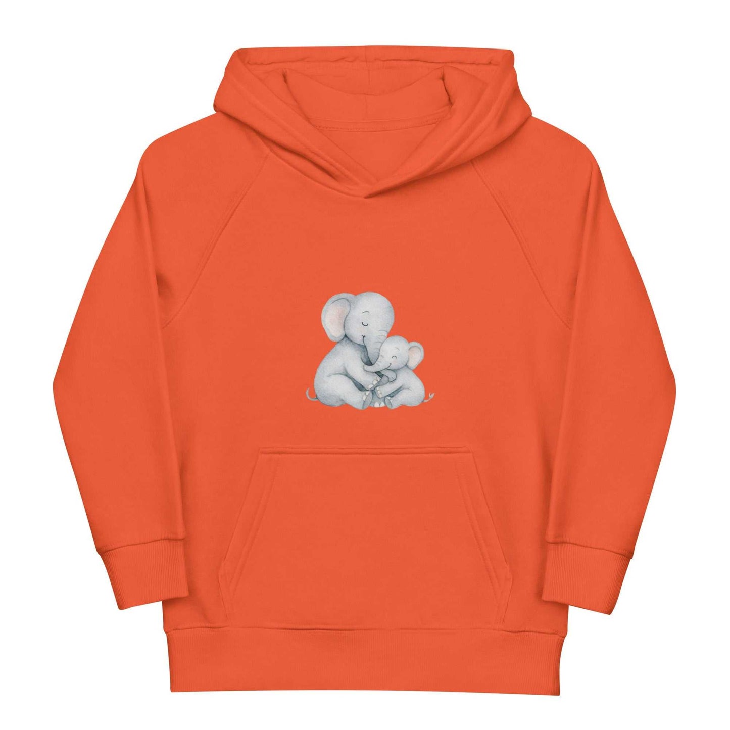 Orange kids eco hoodie with a sweet mom and baby elephant illustration, designed in organic cotton for warmth and sustainability.