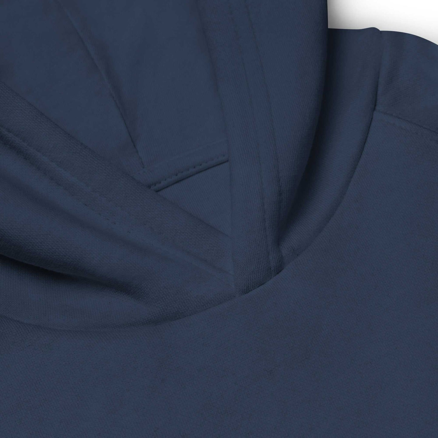 Close-up of navy blue kids eco hoodie hood, showcasing soft organic cotton fabric and neat stitching.