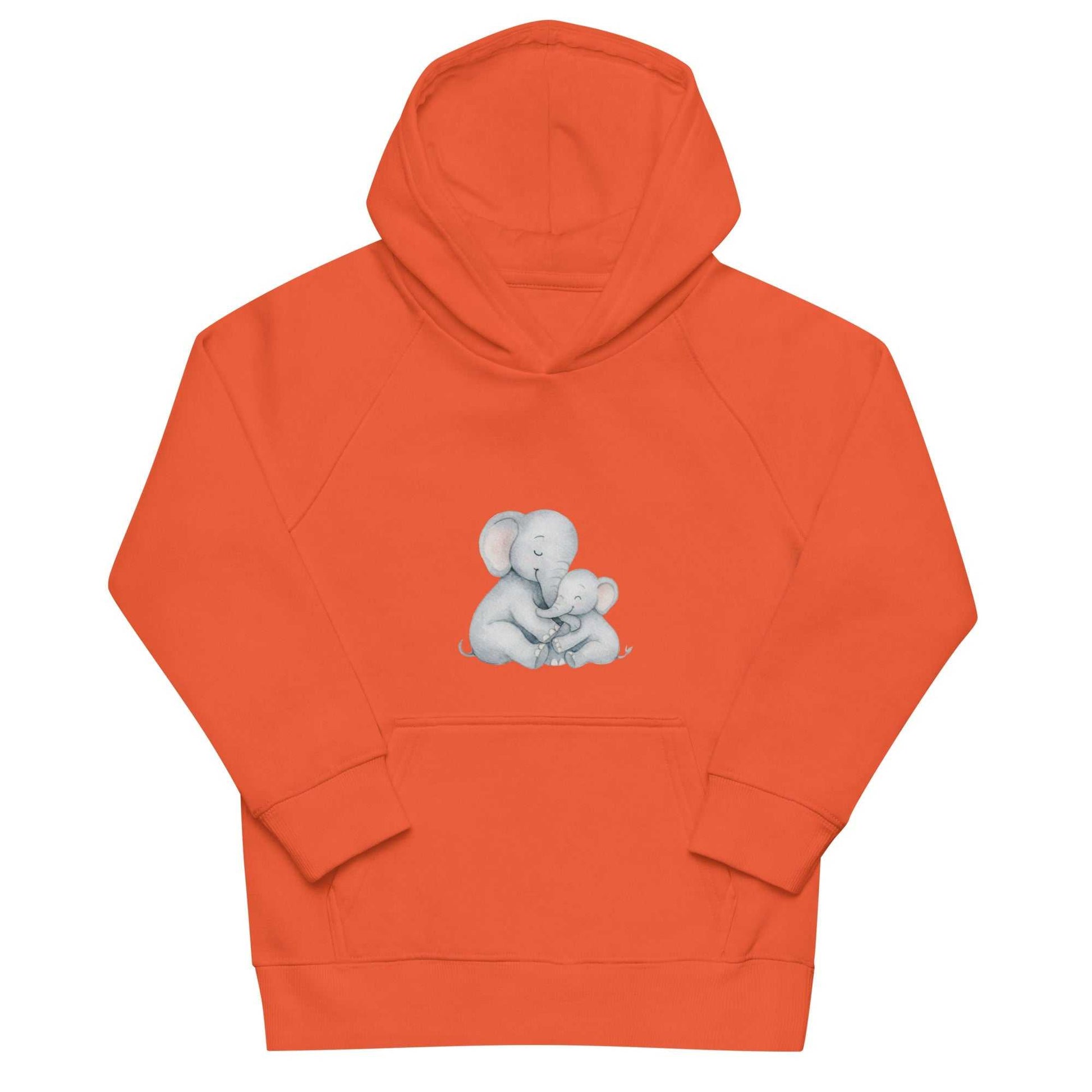 Orange organic cotton kids hoodie with a charming elephant family design, perfect for warm, eco-friendly children's apparel.