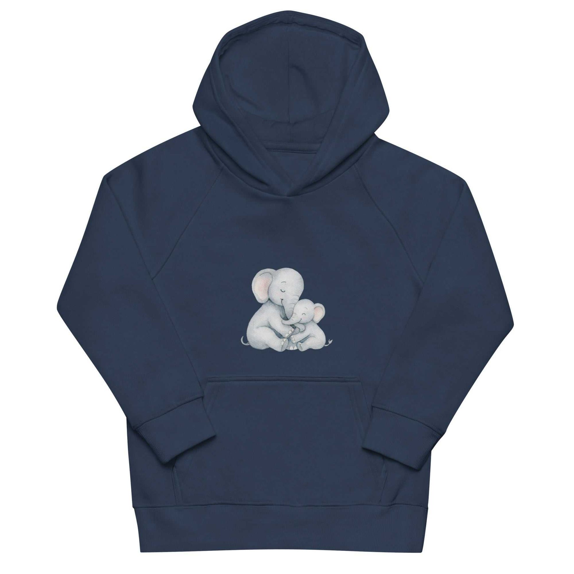 Navy blue eco hoodie for kids with a heartwarming mom and baby elephant print, crafted from soft, organic cotton fabric.