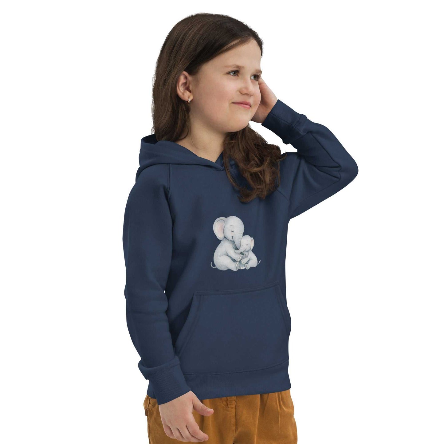 Child in navy Kids Eco Hoodie with elephant design, posing with hand on head, highlighting soft and eco-friendly hoodie fit.
