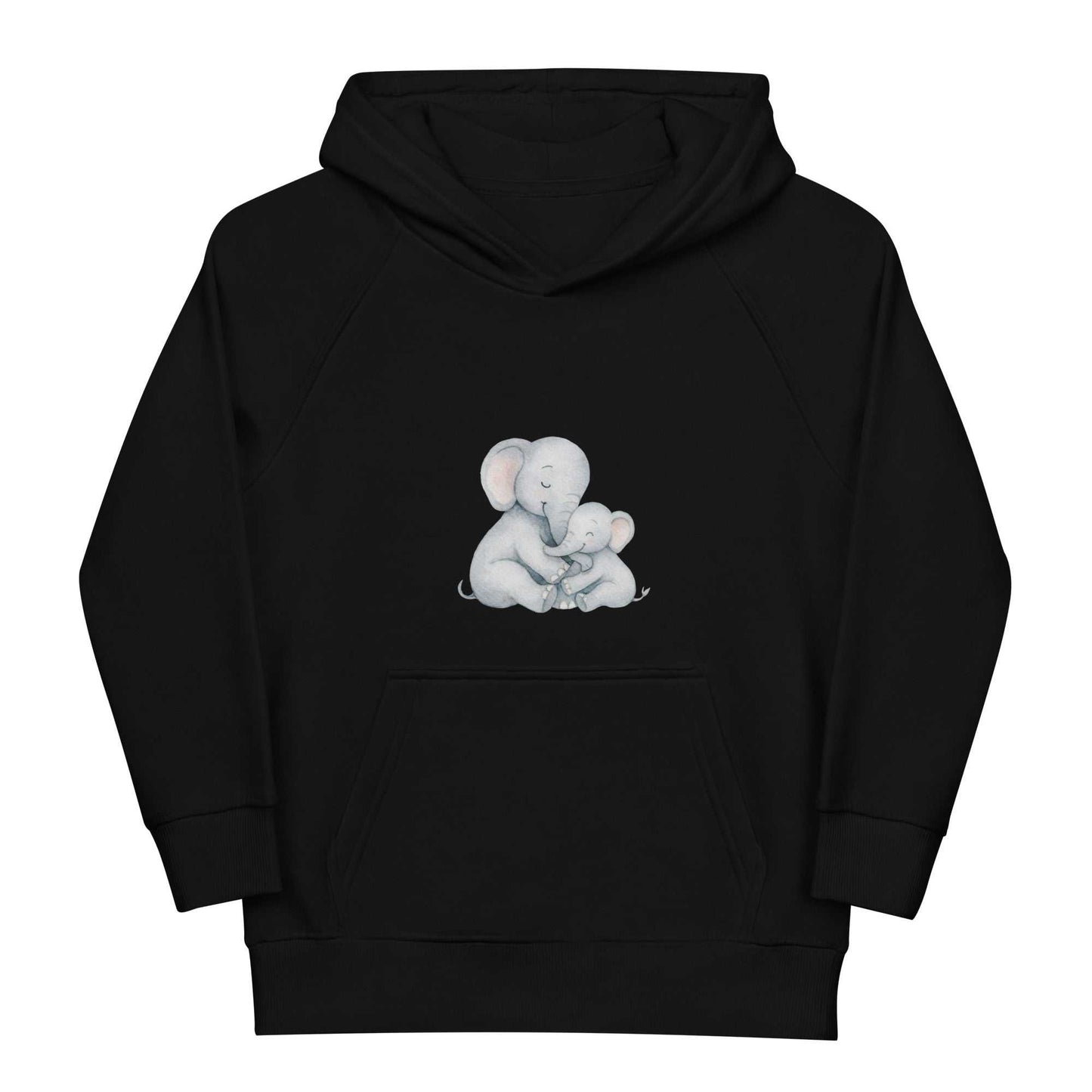 Black organic cotton kids hoodie with a loving mom and baby elephant design, offering sustainable comfort in children's activewear.