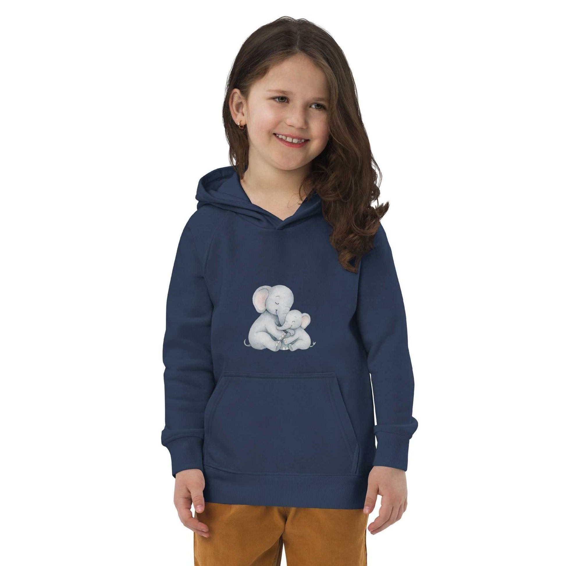 Happy child in navy Kids Eco Hoodie with Mom & Baby Elephant print, made from organic cotton for comfort and warmth.