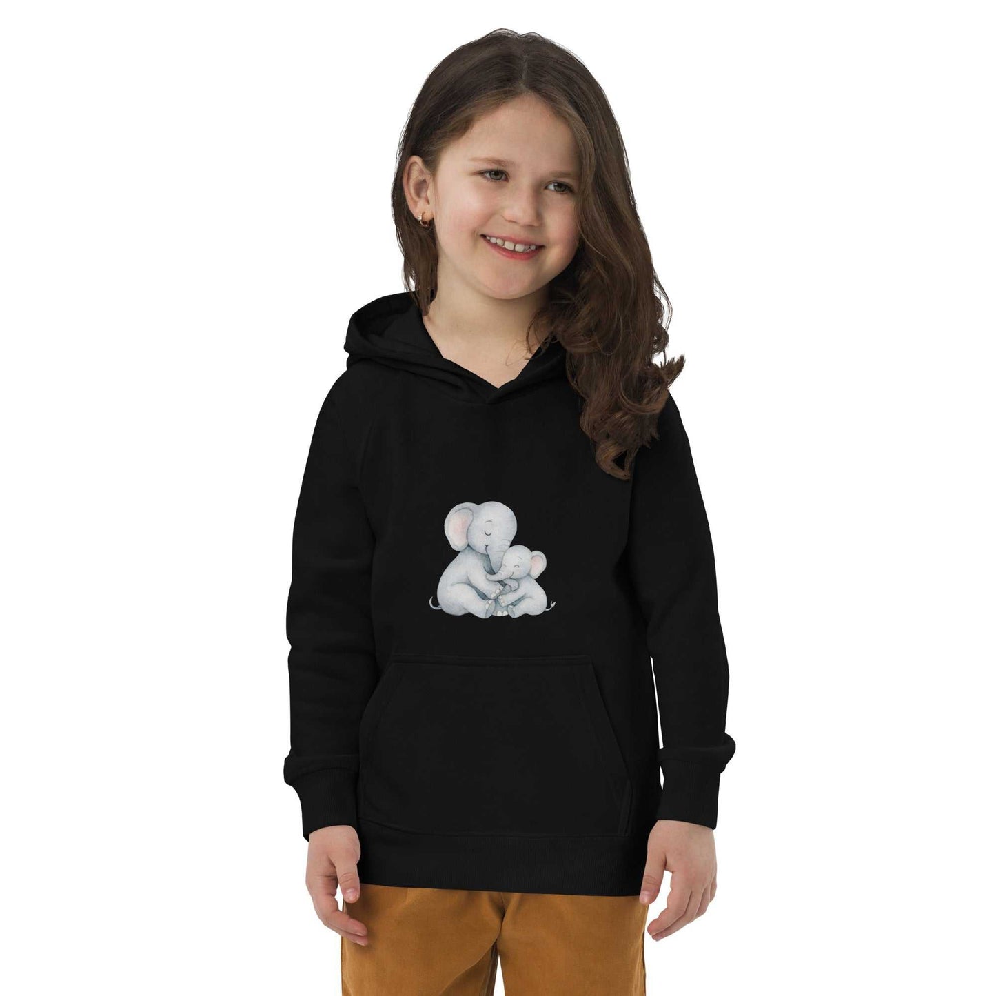 Smiling child wearing black Kids Eco Hoodie with Mom & Baby Elephant design, showcasing soft and warm organic cotton hoodie fit.