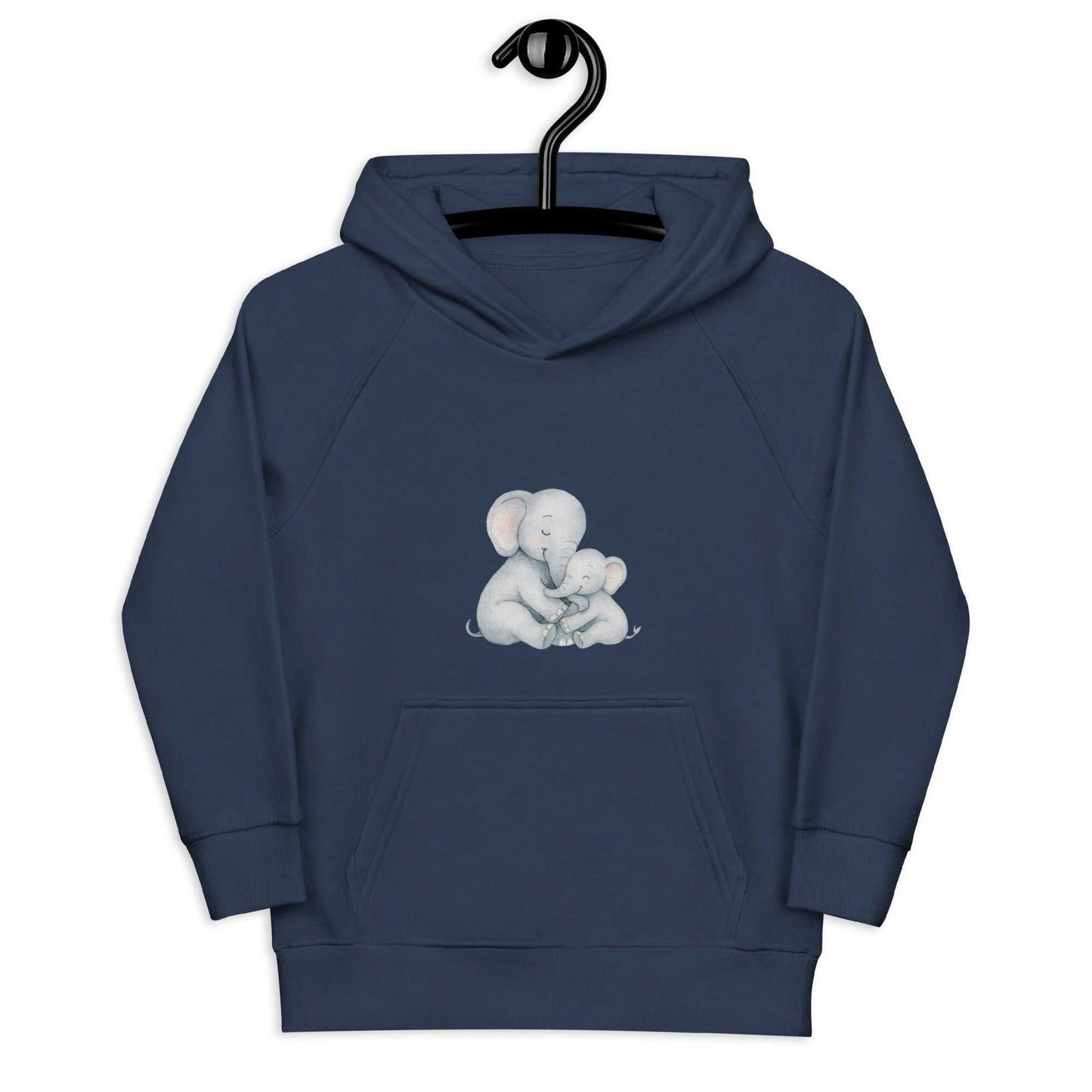 Navy blue kids eco hoodie featuring a cute mom and baby elephant print, crafted from organic cotton for cozy, sustainable activewear.