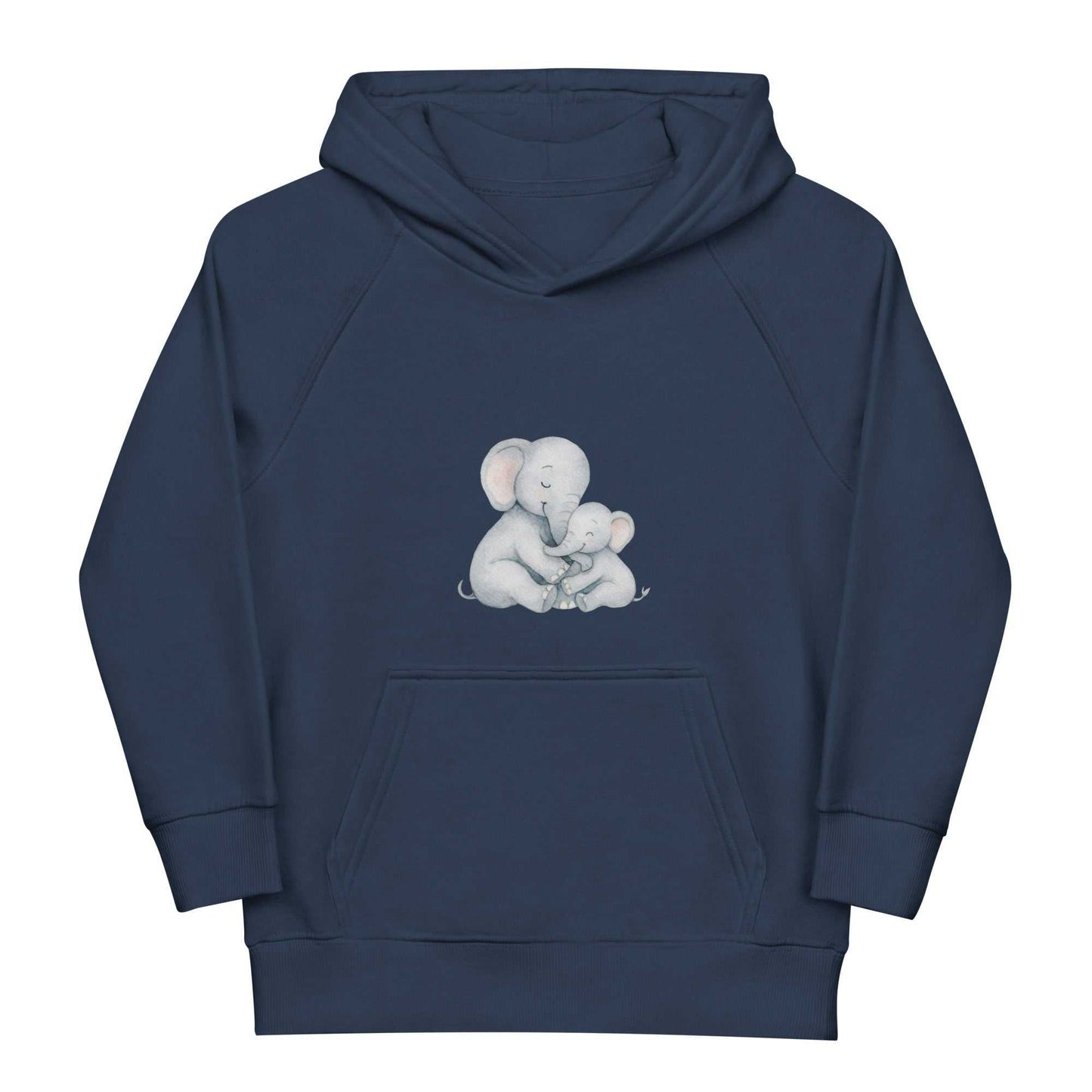 Eco-friendly navy kids hoodie with a gentle elephant family print, made from organic cotton for soft, warm everyday wear.