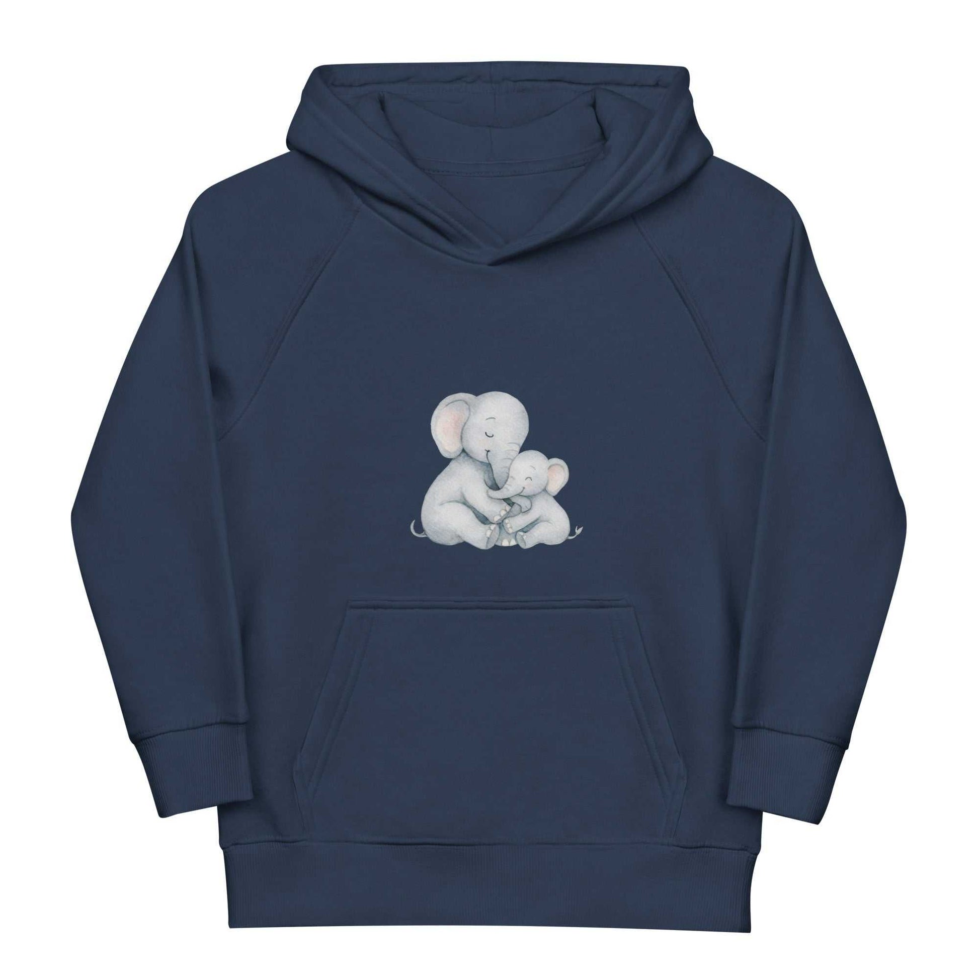 Eco-friendly navy kids hoodie with a gentle elephant family print, made from organic cotton for soft, warm everyday wear.
