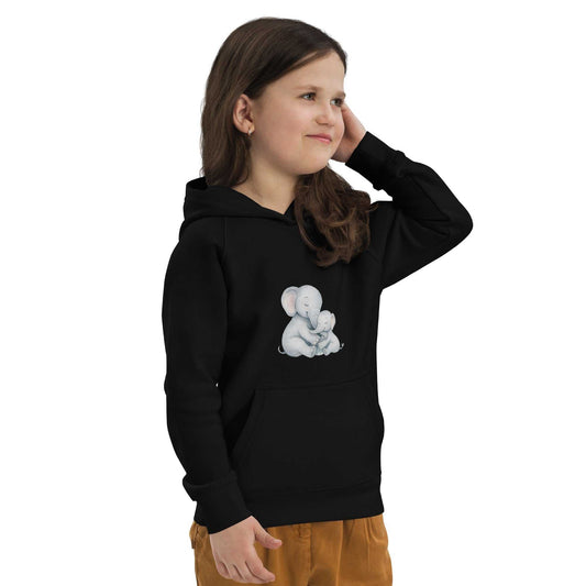 Kids eco hoodie in black with mom & baby elephant design, made from organic cotton for warmth and comfort. Ideal for eco-conscious children's wear.