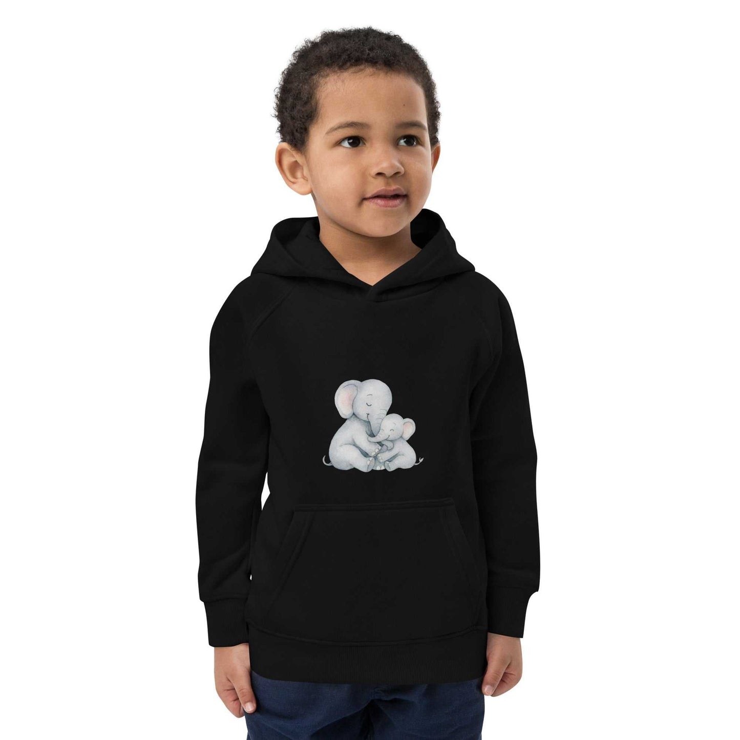 Child wearing a black kids eco hoodie with mom and baby elephant design, showcasing soft, organic cotton comfort and sustainable fashion.
