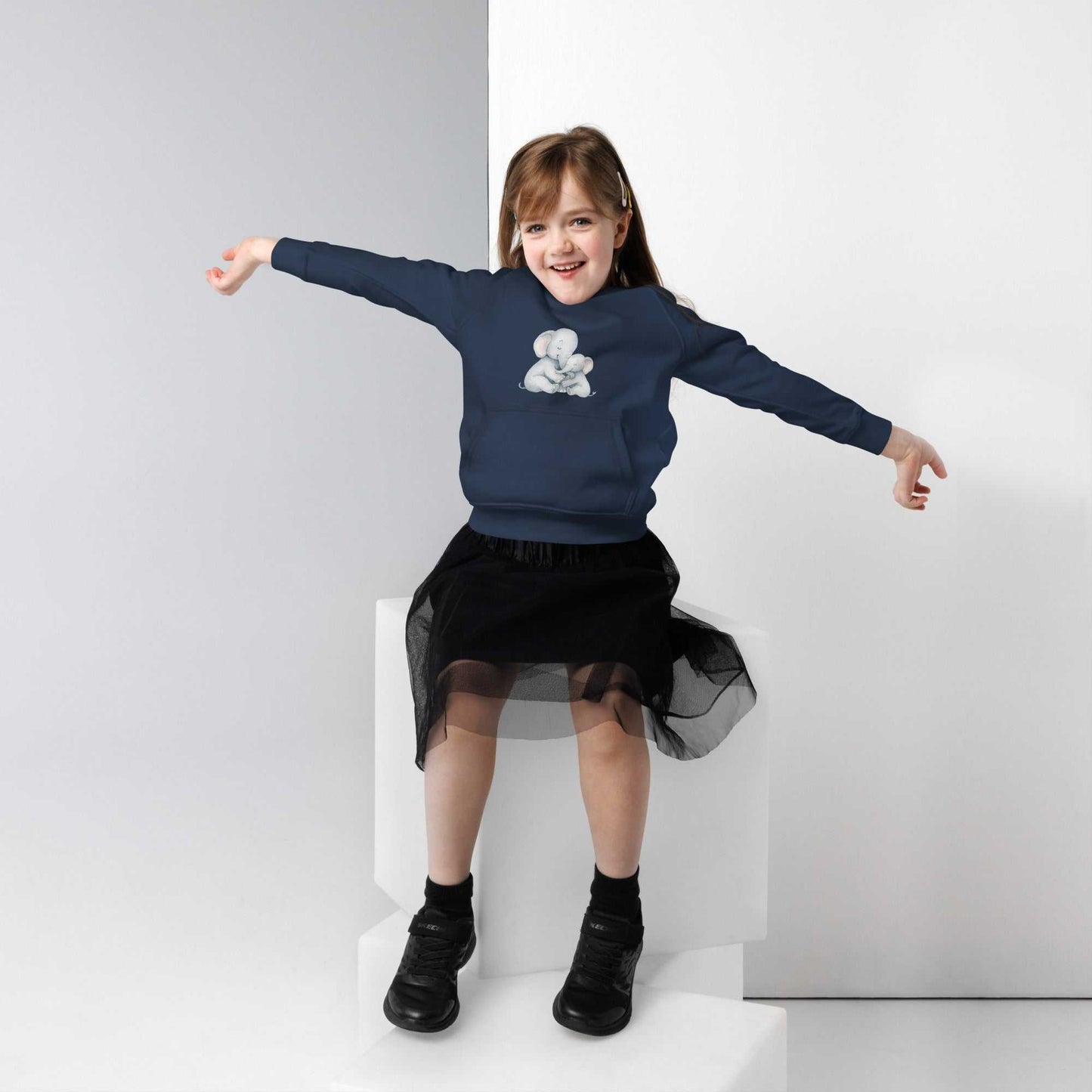 Navy blue kids eco hoodie with adorable mom & baby elephant design, crafted from organic cotton for softness and warmth.