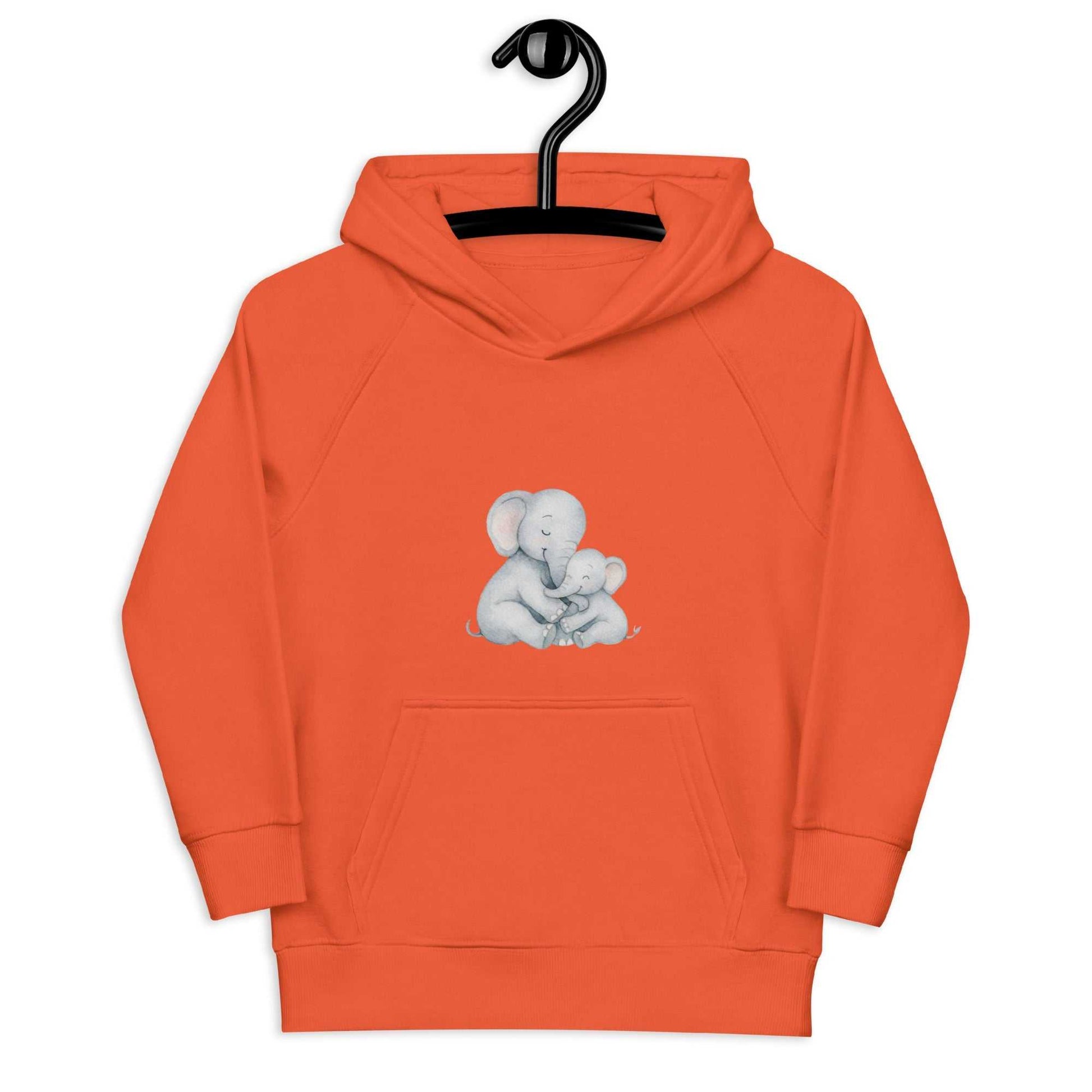 Bright orange kids eco hoodie with adorable mom and baby elephant artwork, made from soft organic cotton for warmth and eco-friendly style.