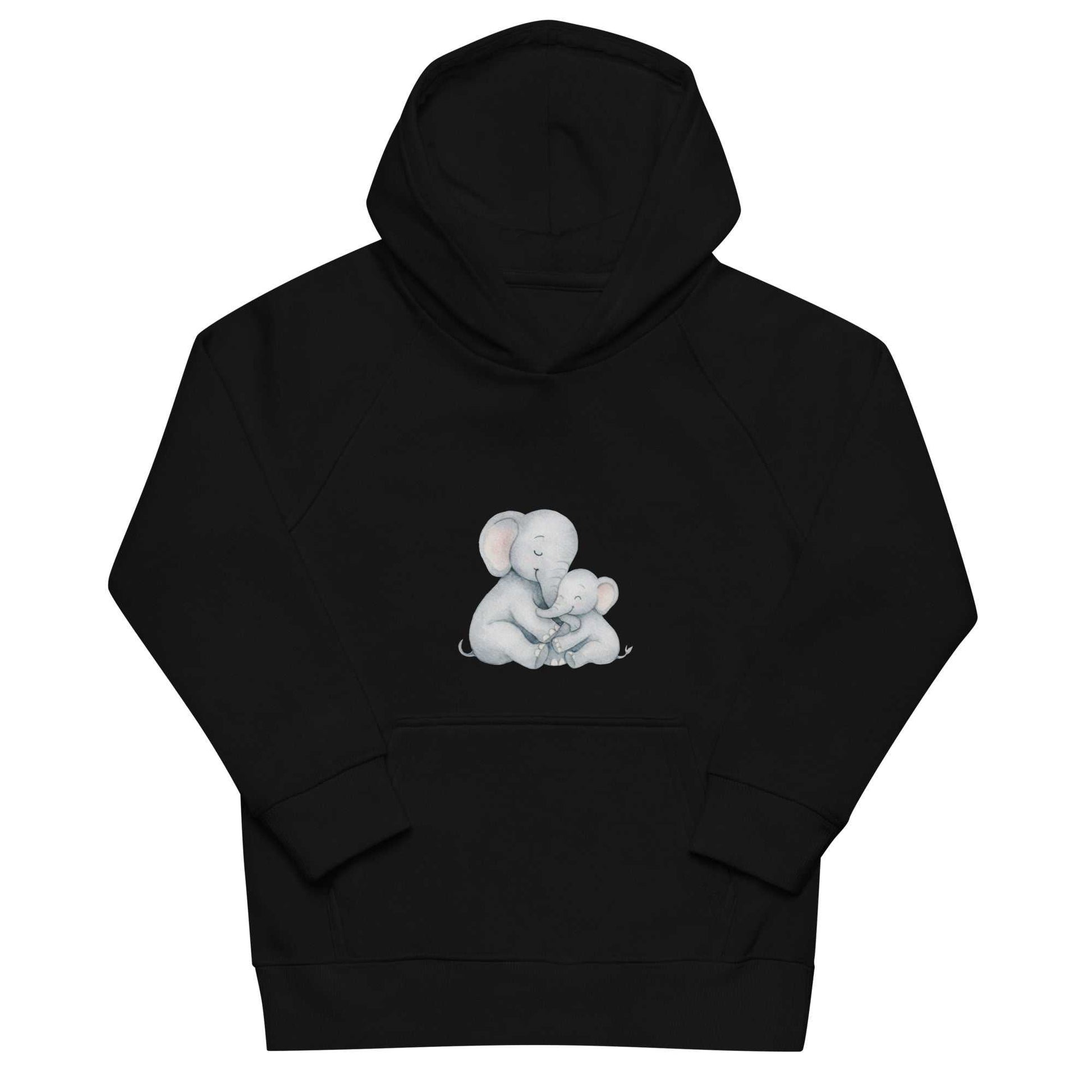 Black kids hoodie made from organic cotton, featuring a soft mom and baby elephant design for eco-conscious and cozy clothing.