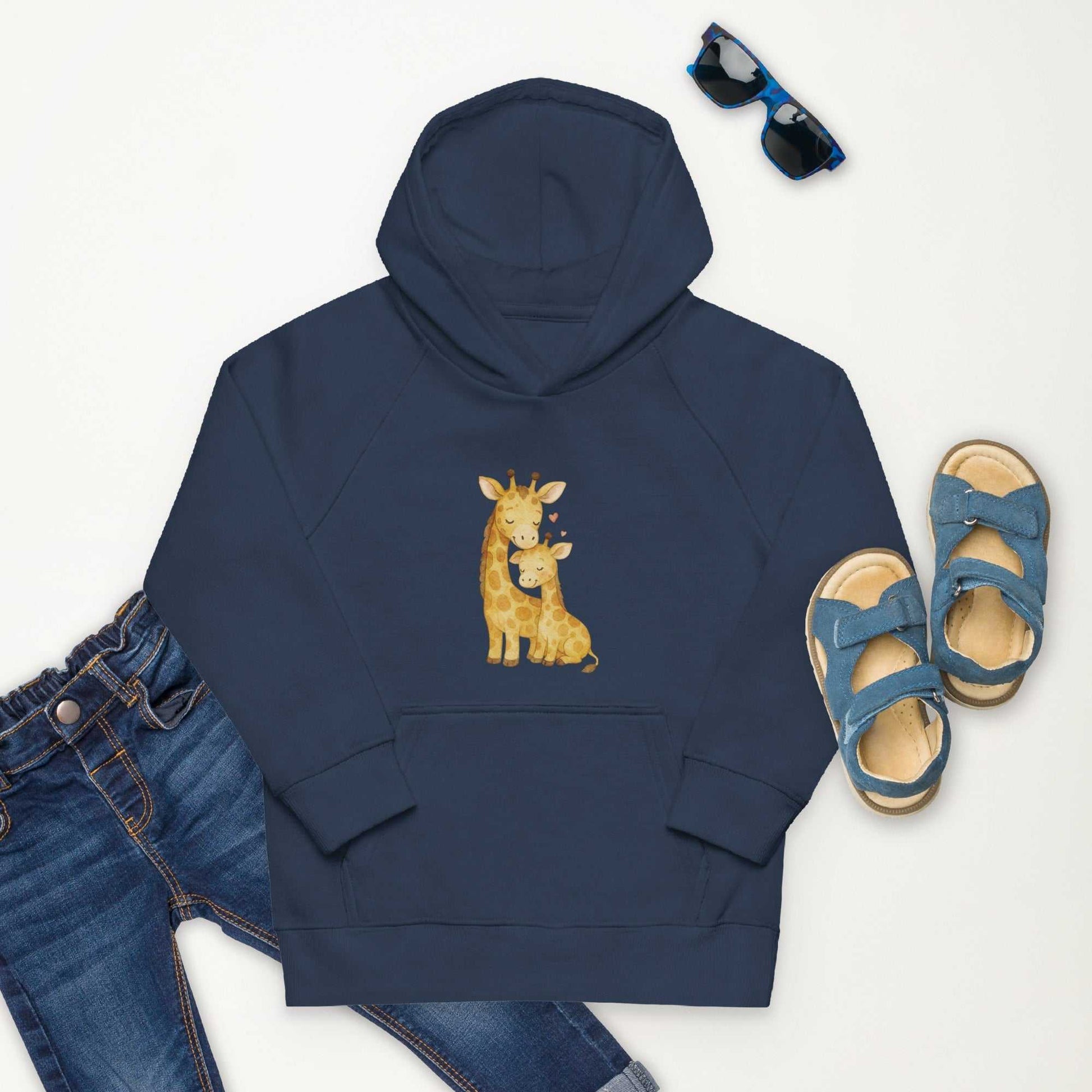Navy blue kids eco hoodie with mom & baby giraffe print, paired with jeans and sandals. Organic cotton hoodie for everyday kidswear.