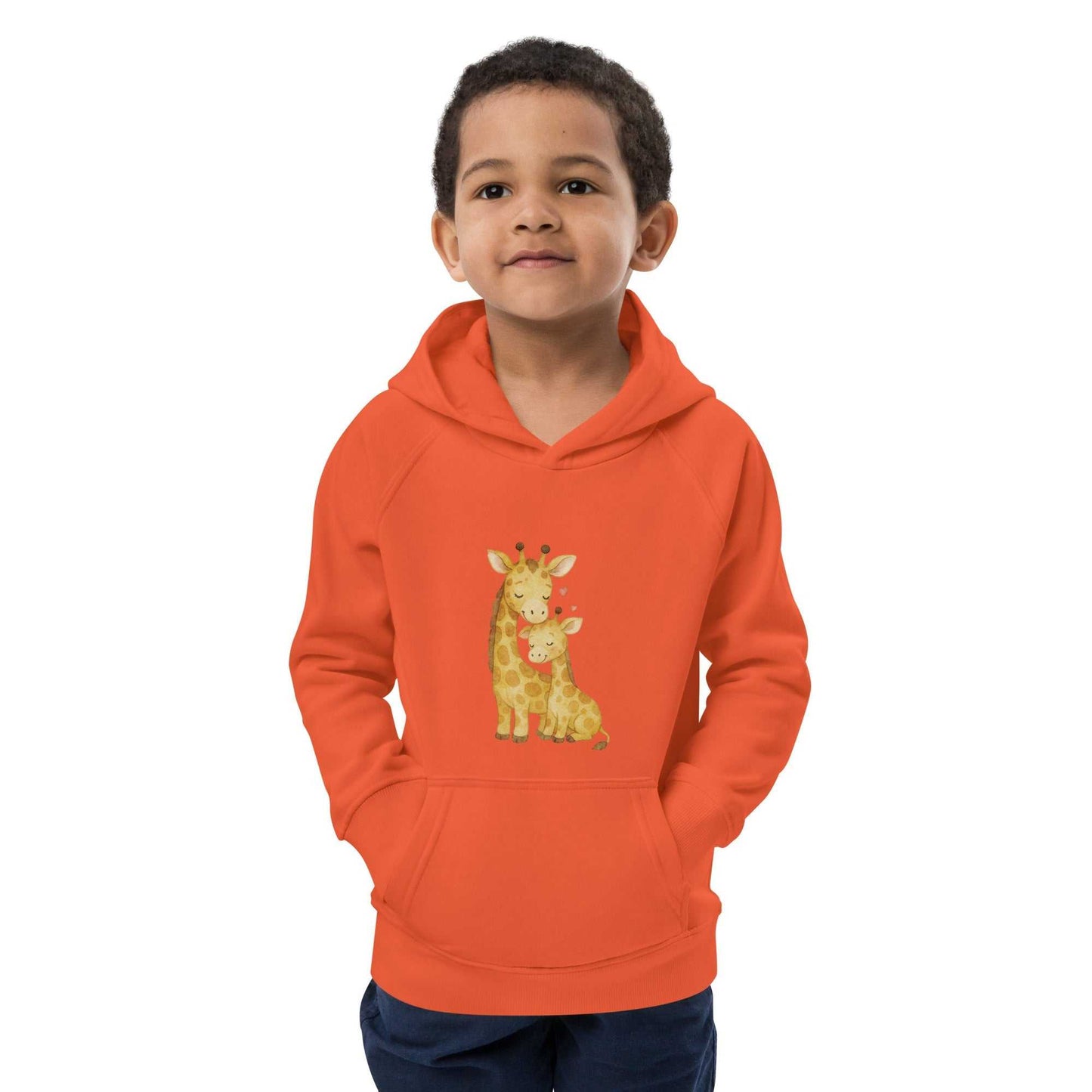 Front view of orange kids eco hoodie with mom & baby giraffe design. Eco-friendly, organic cotton hoodie for kids.