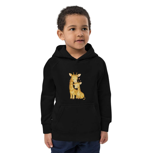 Kids eco hoodie in black with mom & baby giraffe design, made from organic cotton. Warm, regular fit hoodie for children.